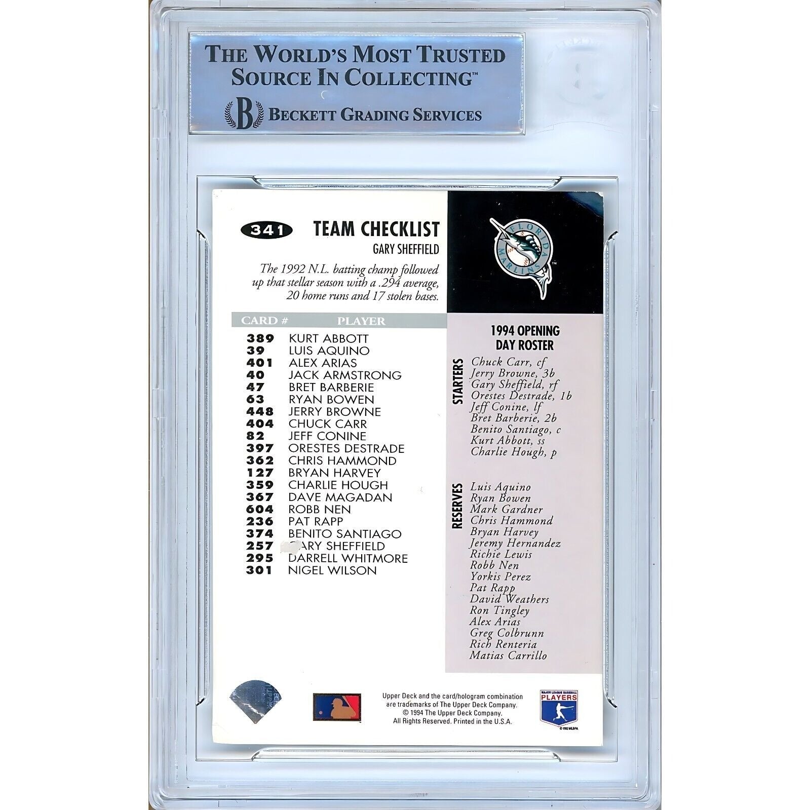 Gary Sheffield Miami Marlins auto trading card – authentication sticker – Beckett COA