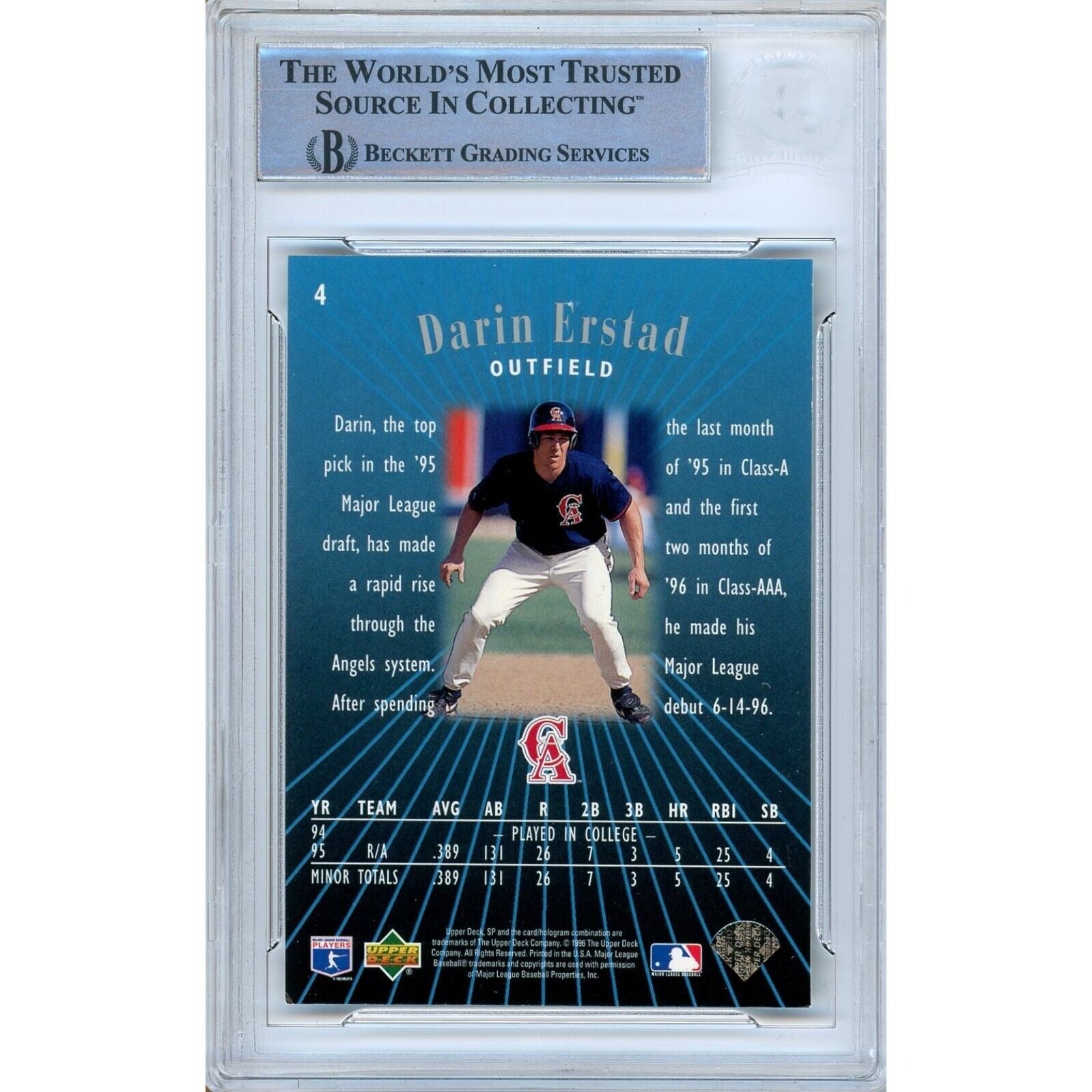 1996 Upper Deck #4 Darin Erstad LA Angels Signed Trading Card – Beckett BAS