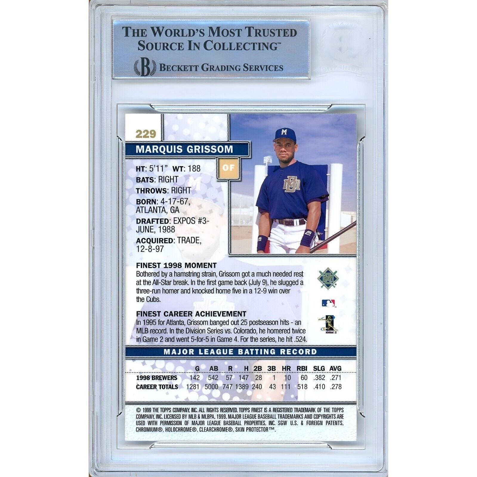 Marquis Grissom Milwaukee Brewers signed trading card – signature close-up – Beckett COA