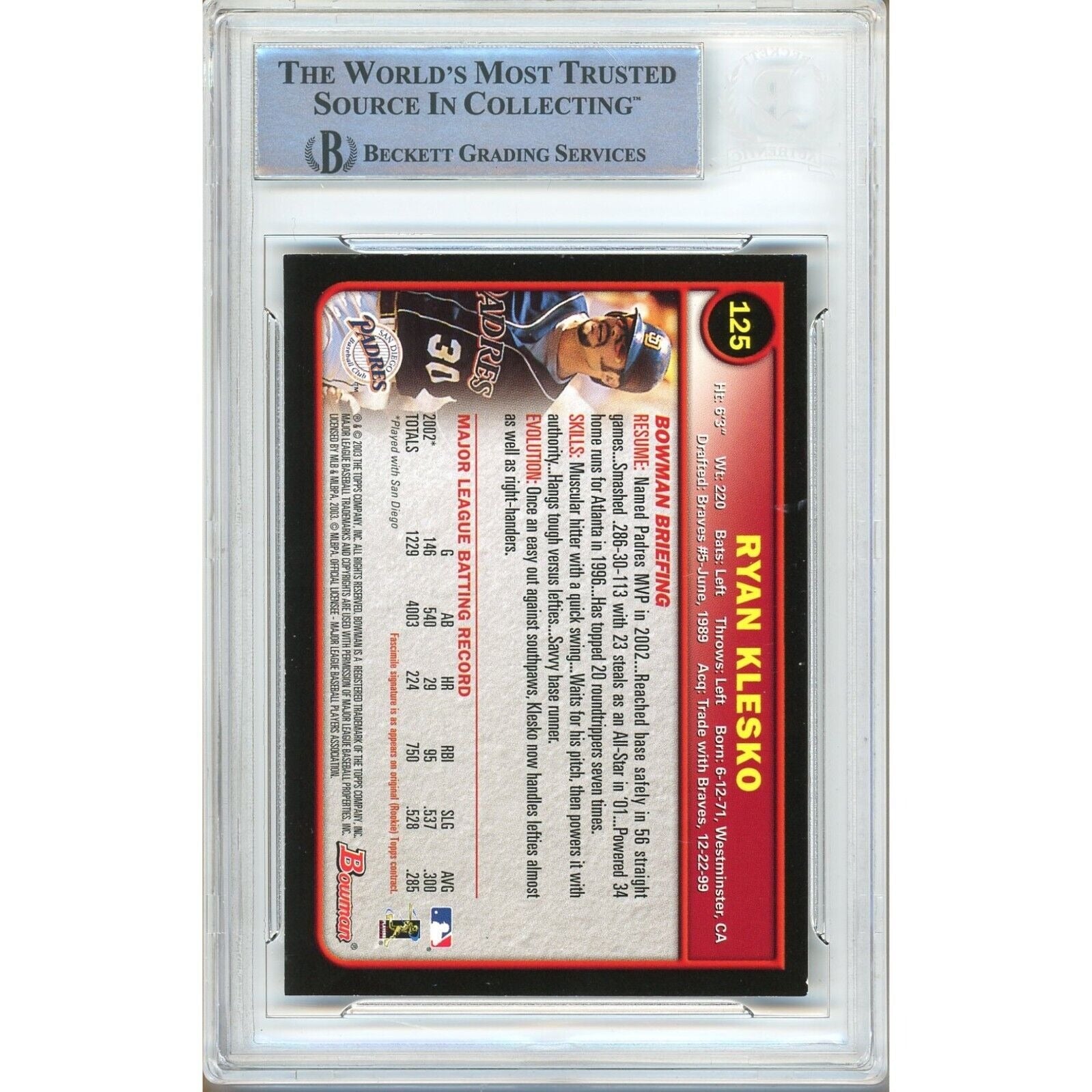 Ryan Klesko San Diego Padres auto trading card – authentication sticker – Beckett COA