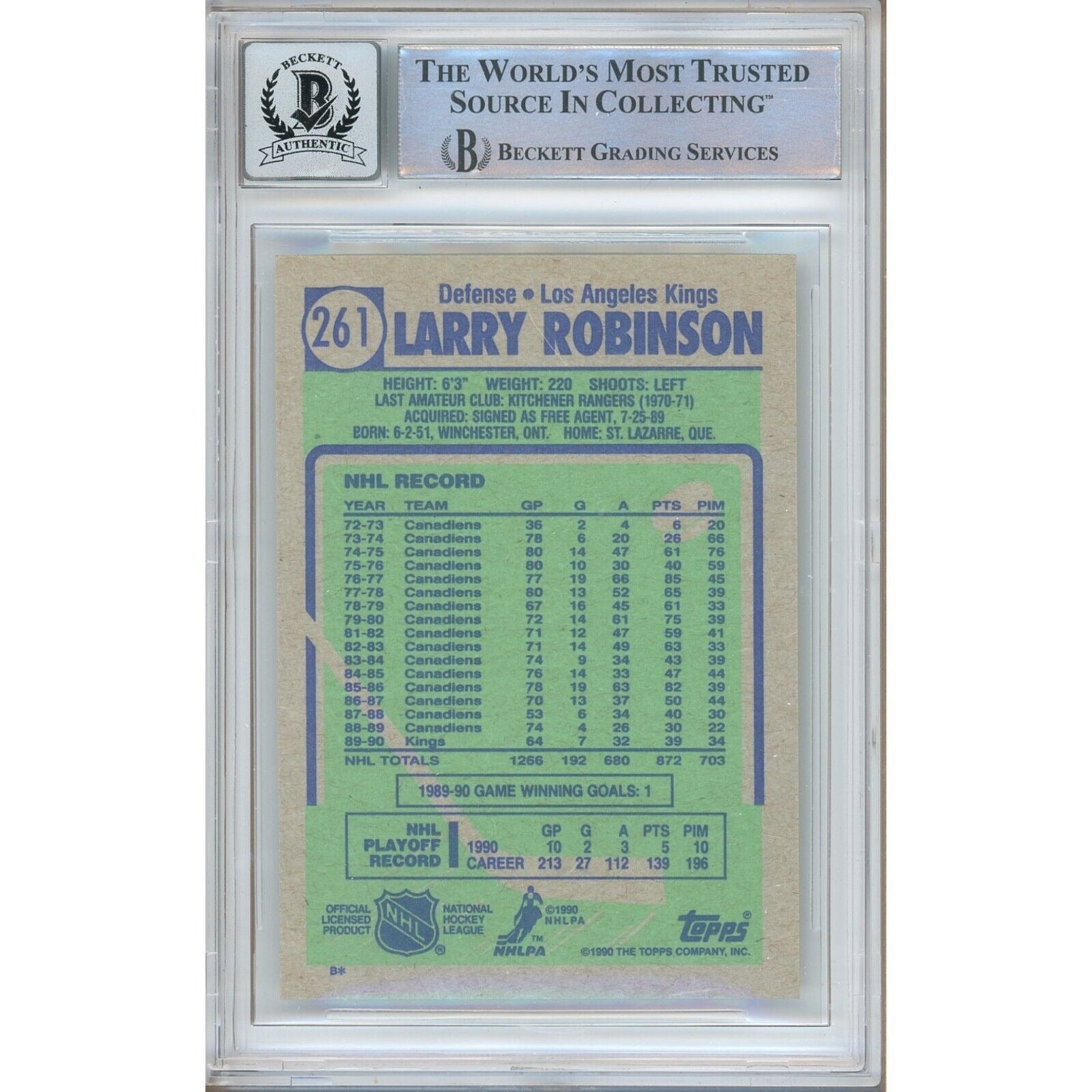 1990 Topps #261 Larry Robinson Los Angeles Kings Signed Trading Card – Beckett BAS.