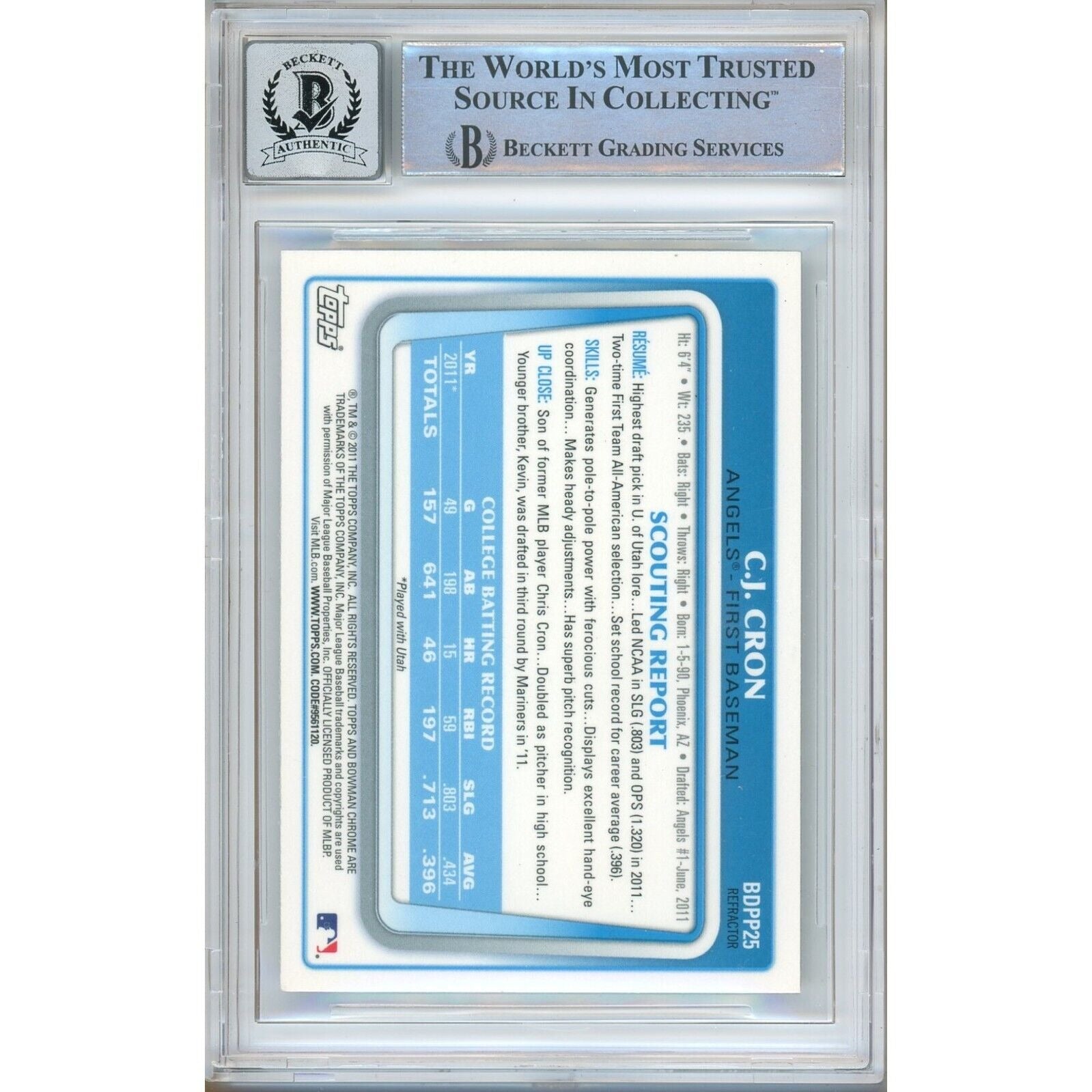 2011 Bowman CJ Cron Los Angeles Angels Autograph Trading Card – Beckett BAS