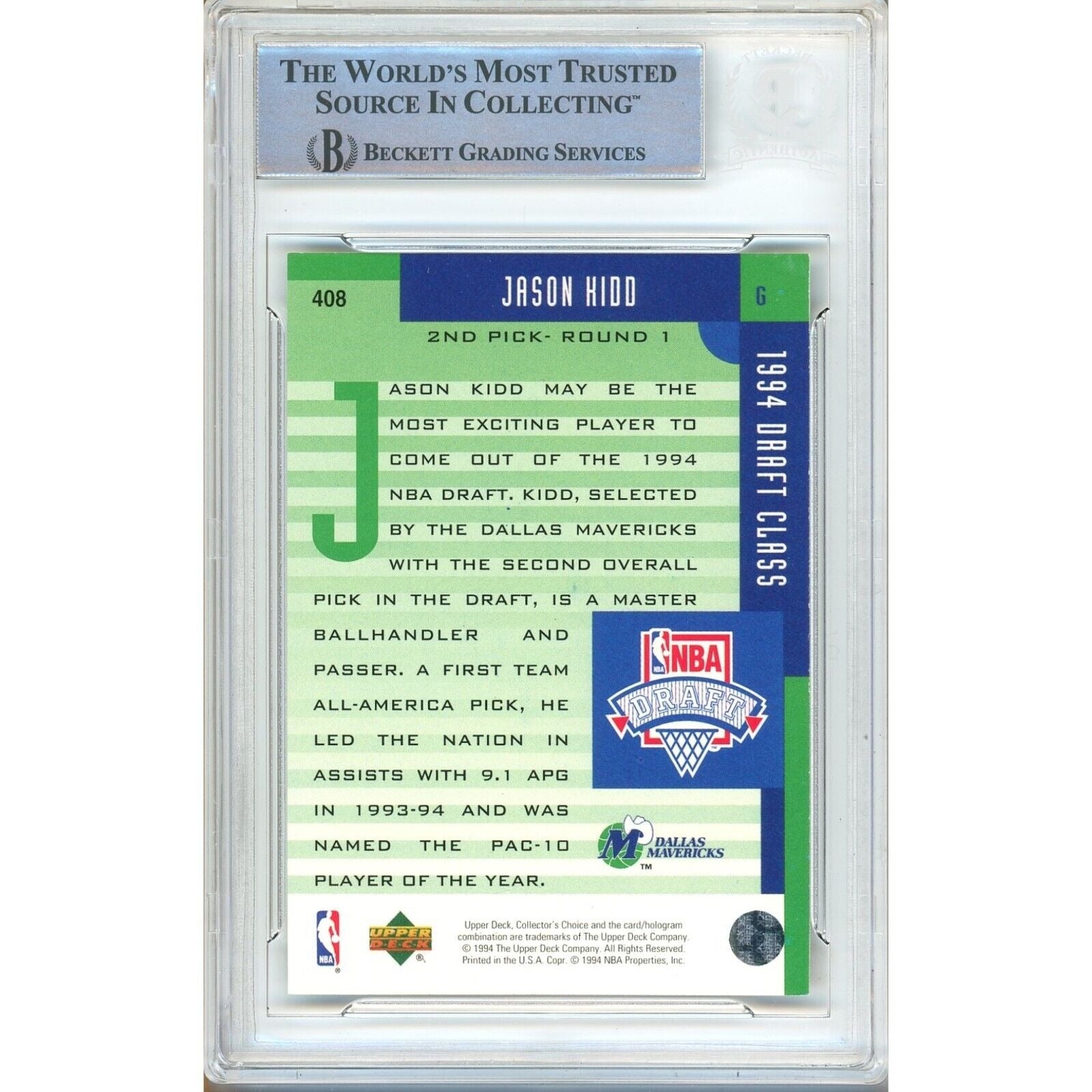 Jason Kidd Dallas Mavericks signed trading card – signature close-up – Beckett COA