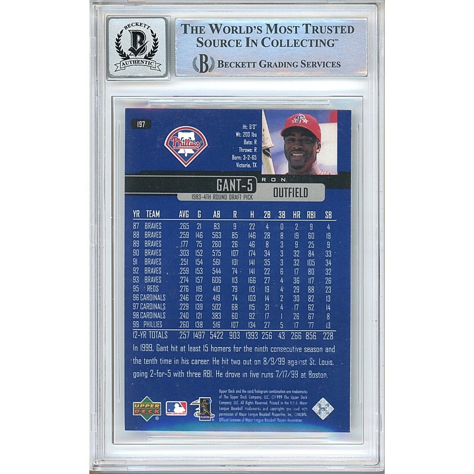 Ron Gant Phillies auto trading card – authentication sticker – Beckett COA