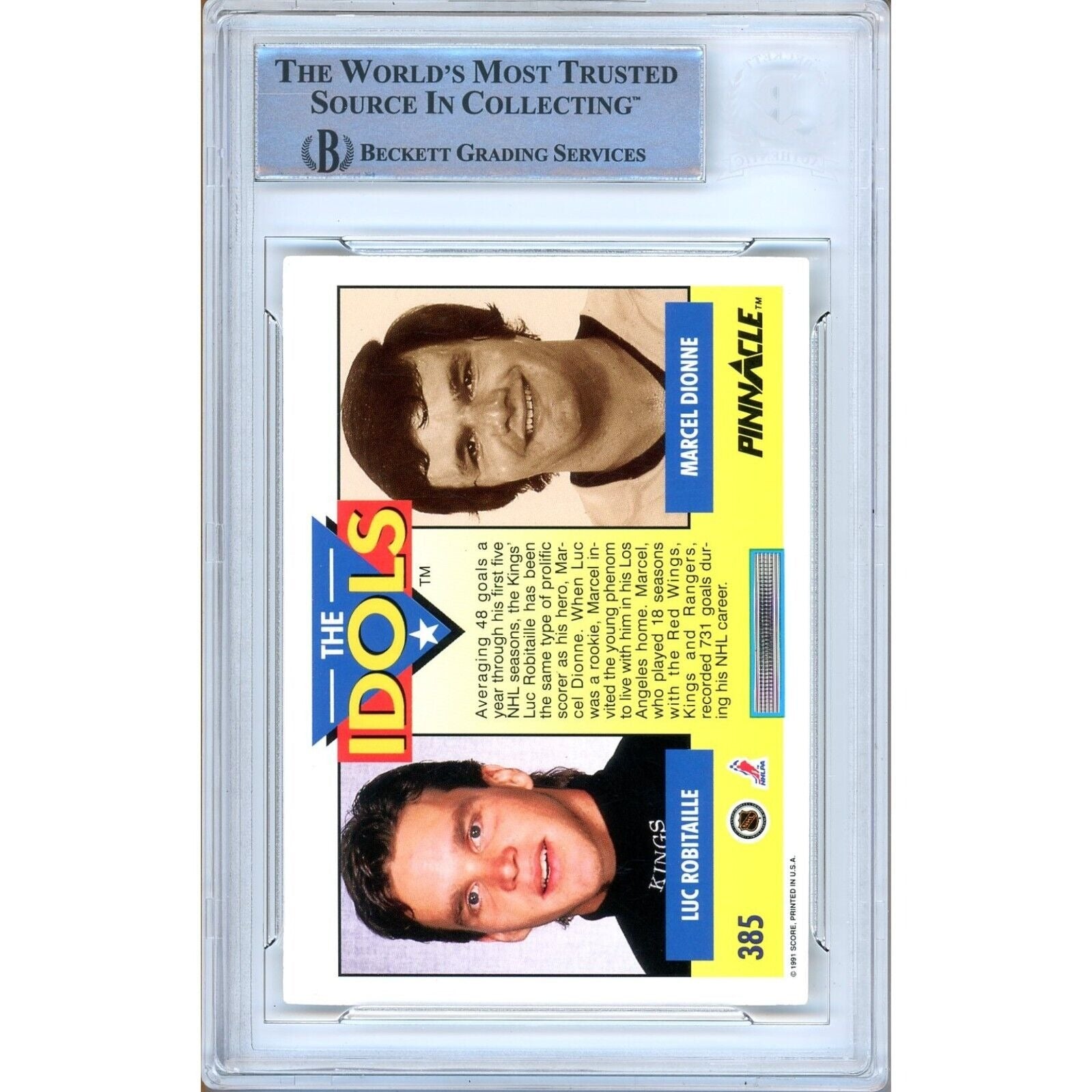 1991 Pinnacle #385 Luc Robitaille Los Angeles Kings Autograph Trading Card – Beckett BAS.