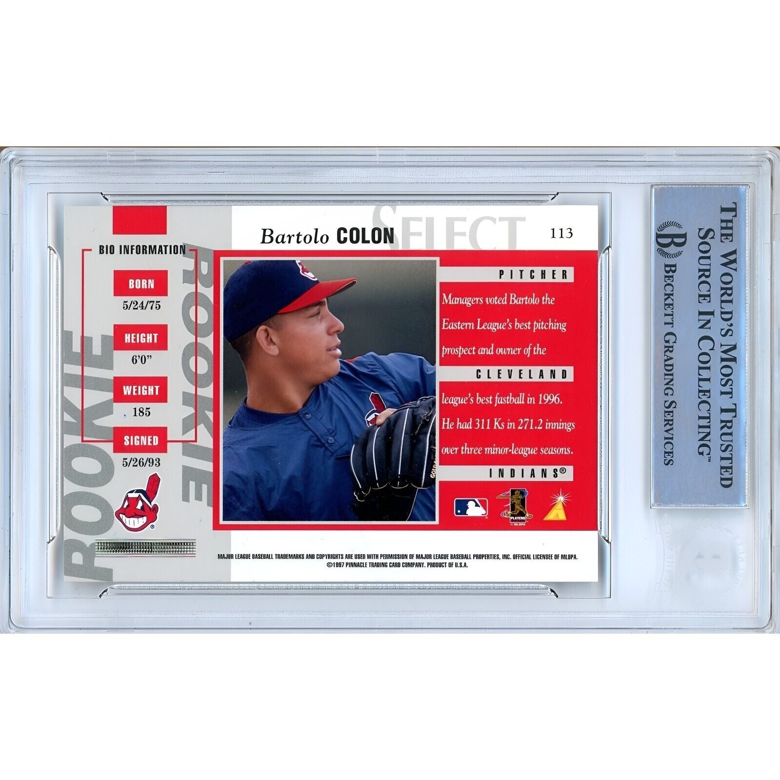 1997 Select #113 Bartolo Colon Cleveland Indians Signed Trading Card – Beckett BAS