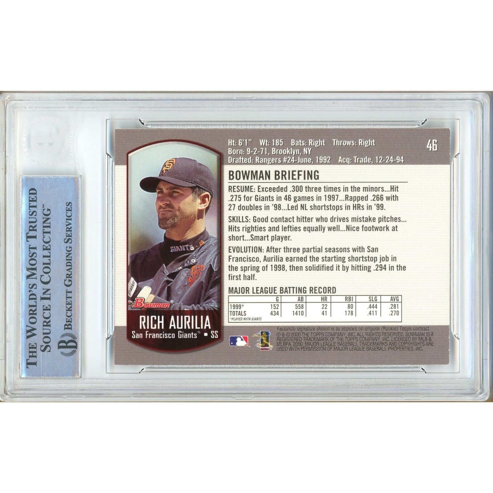 Rich Aurilia San Francisco Giants signed trading card – signature close-up – Beckett COA