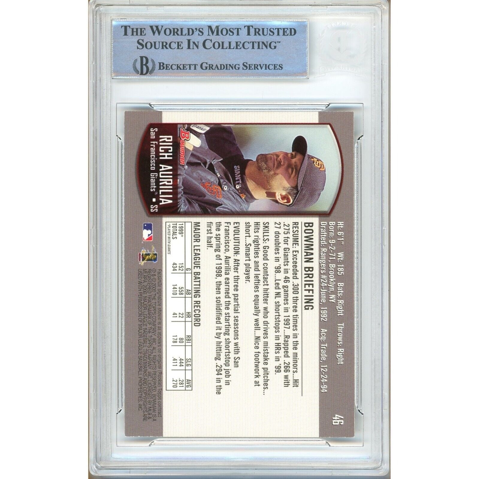 Rich Aurilia San Francisco Giants auto trading card – authentication sticker – Beckett COA