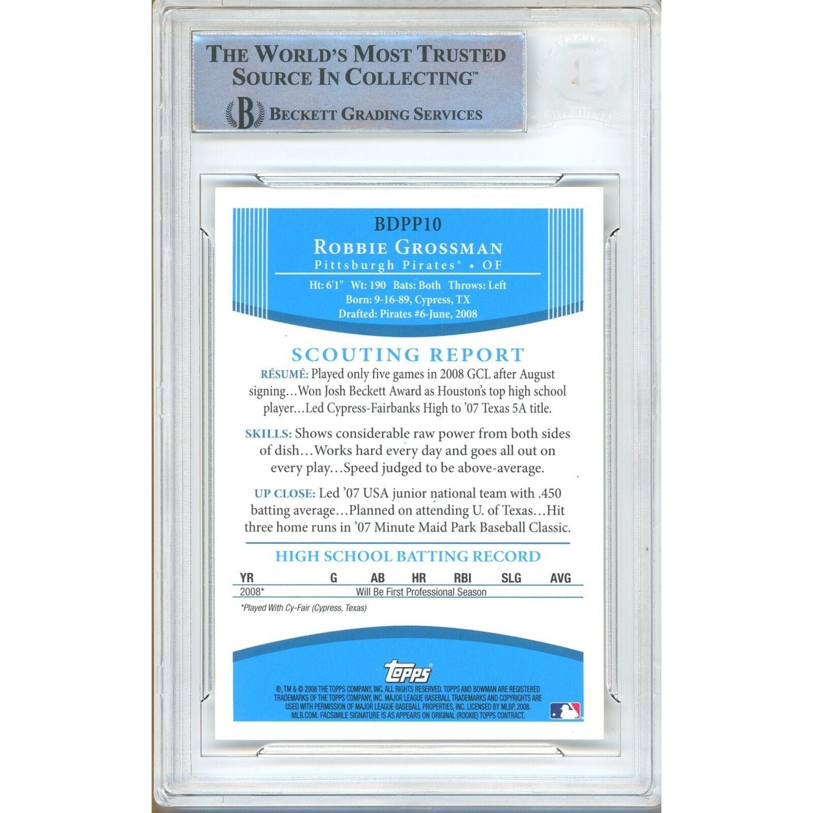 Robbie Grossman Pittsburgh Pirates signed trading card – signature close-up – Beckett COA