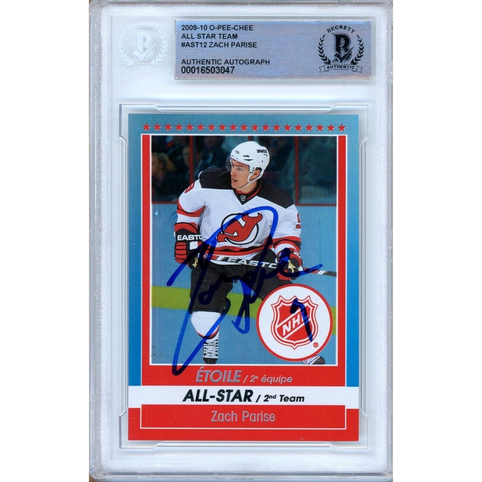 Zach Parise New Jersey Devils autographed trading card – full view – Beckett COA
