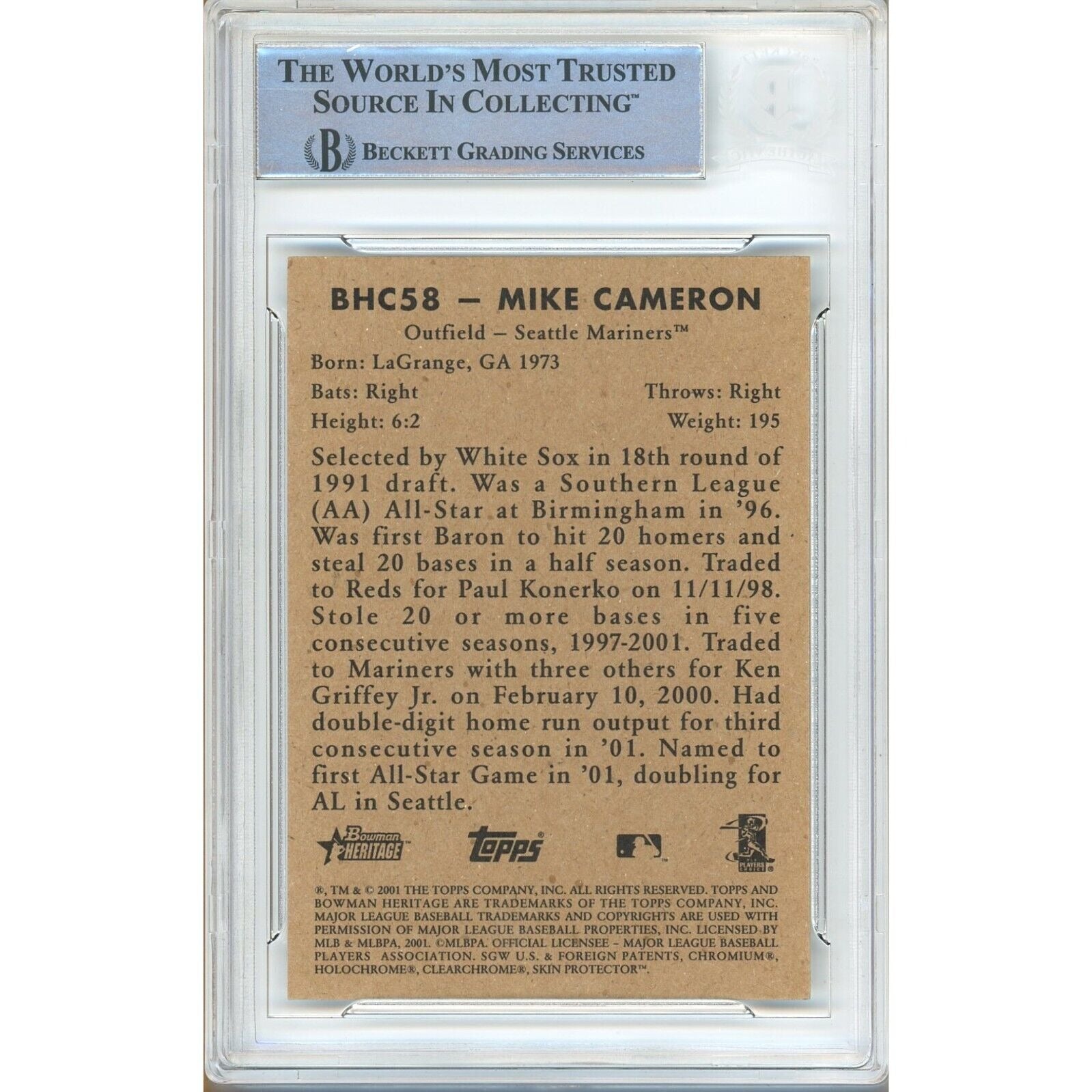 Mike Cameron Seattle Mariners signed trading card – signature close-up – Beckett COA