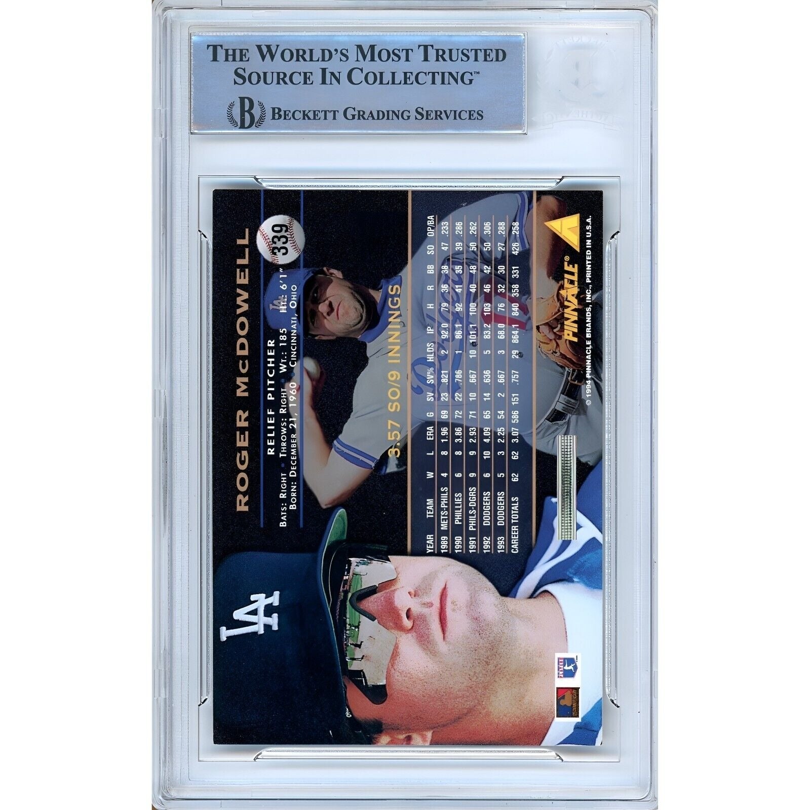 Roger McDowell Los Angeles Dodgers auto trading card – authentication sticker – Beckett COA