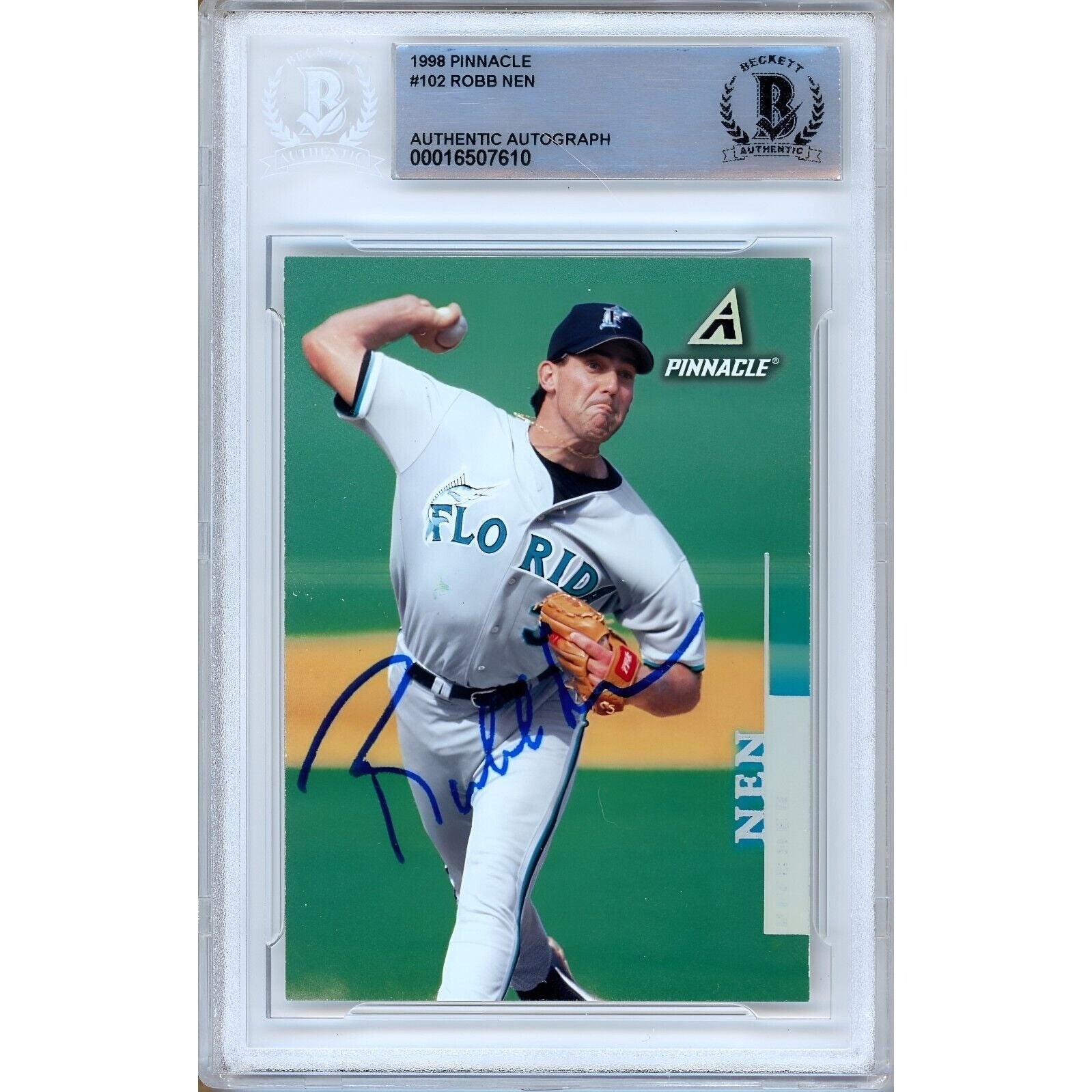 Robb Nen Florida Marlins autographed trading card – full view – Beckett COA