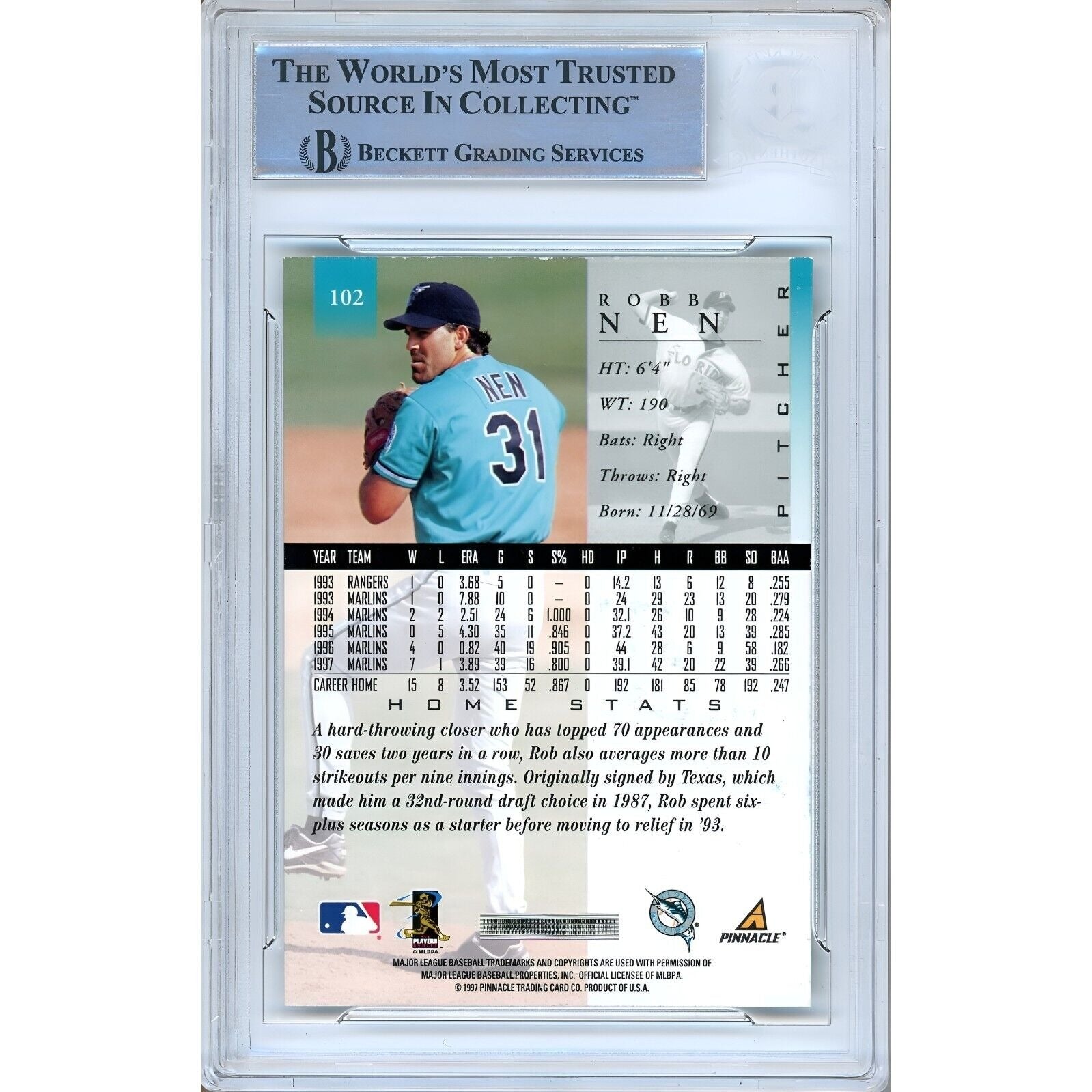 Robb Nen Florida Marlins signed trading card – signature close-up – Beckett COA