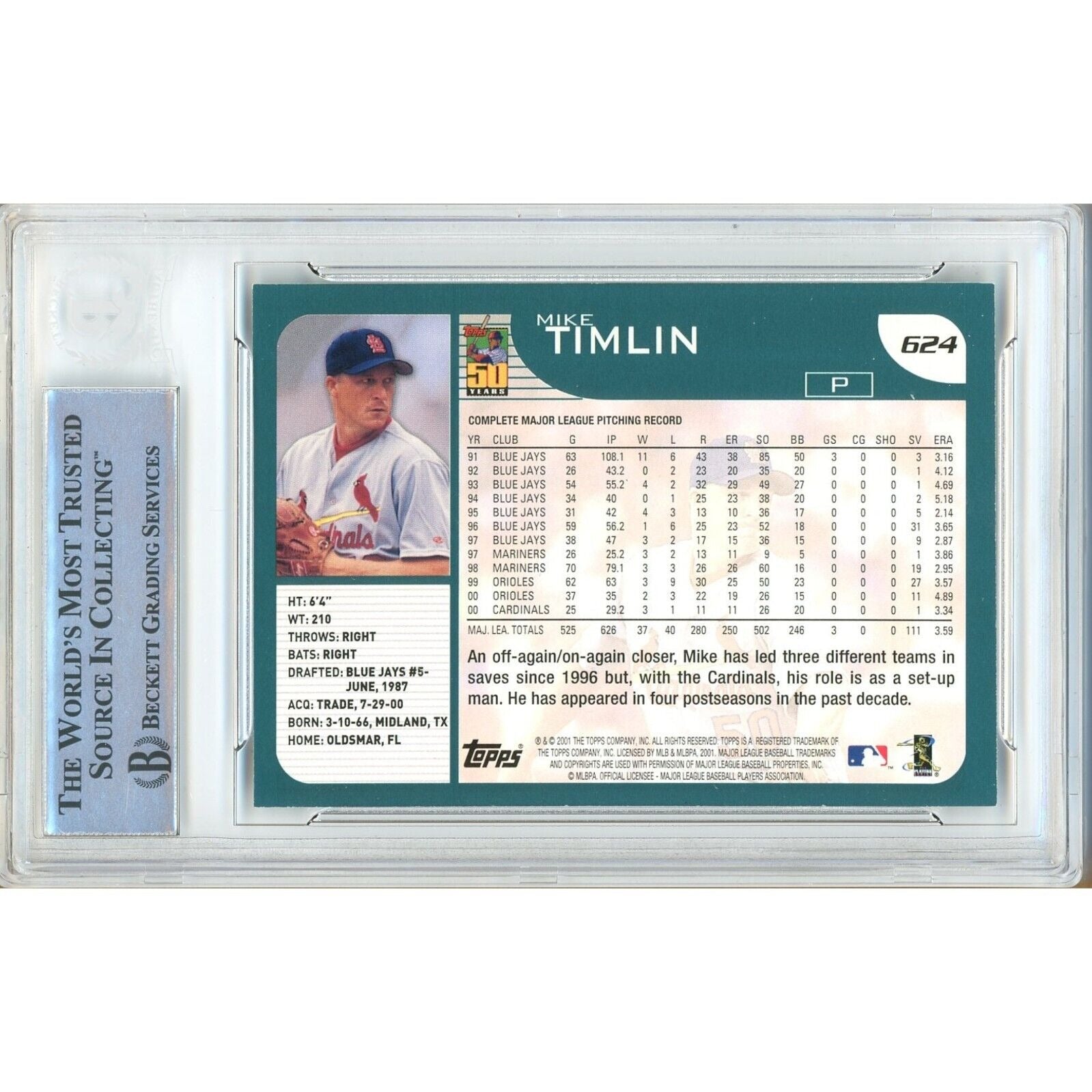 Mike Timlin St Louis Cardinals signed trading card – signature close-up – Beckett COA