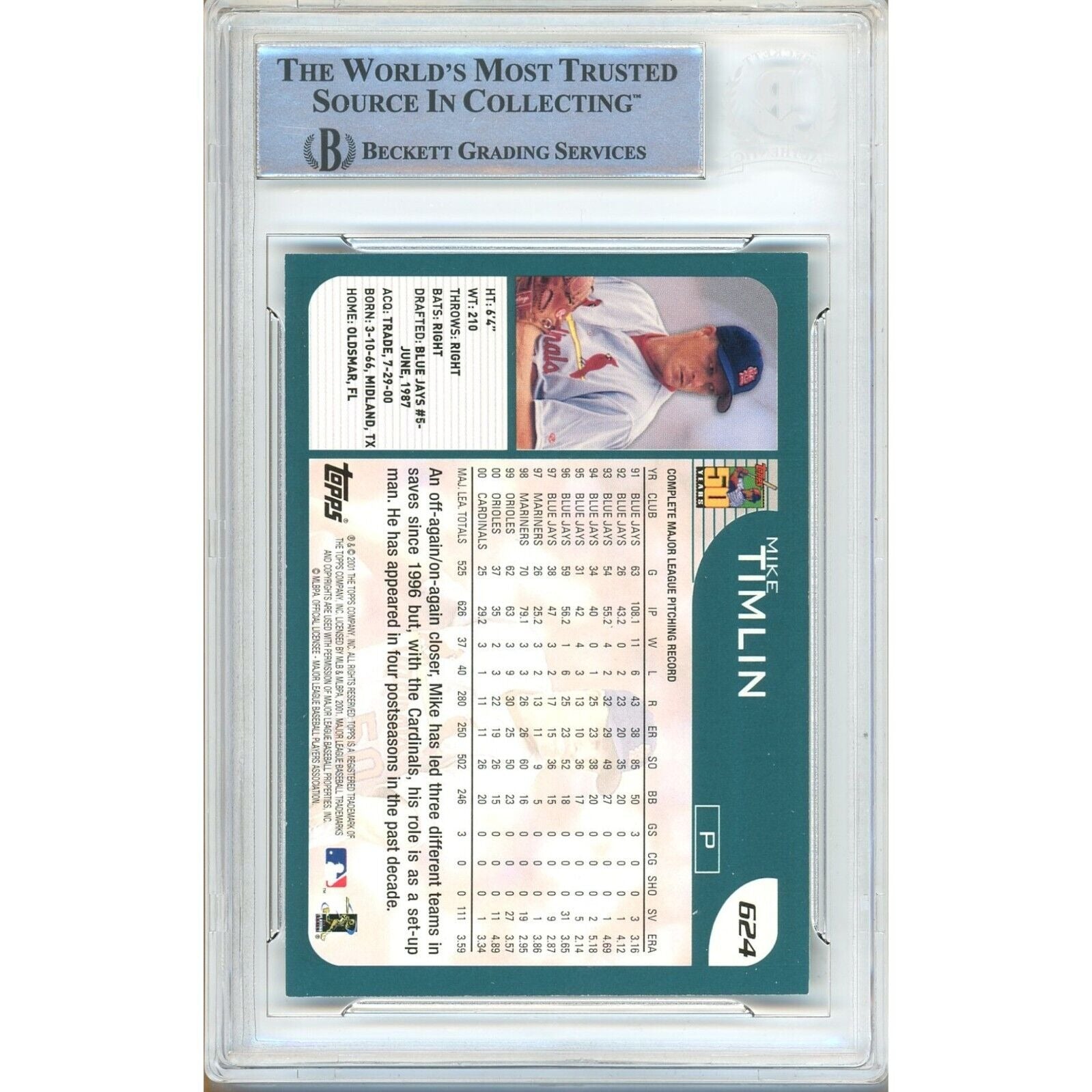 Mike Timlin St Louis Cardinals auto trading card – authentication sticker – Beckett COA