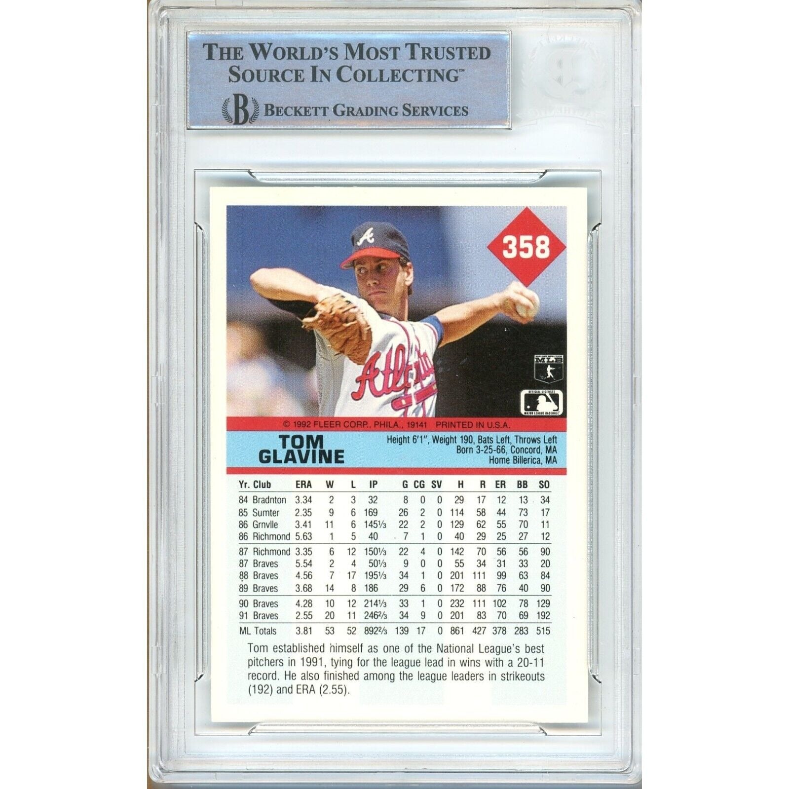 Tom Glavine Atlanta Braves signed trading card – signature close-up – Beckett COA
