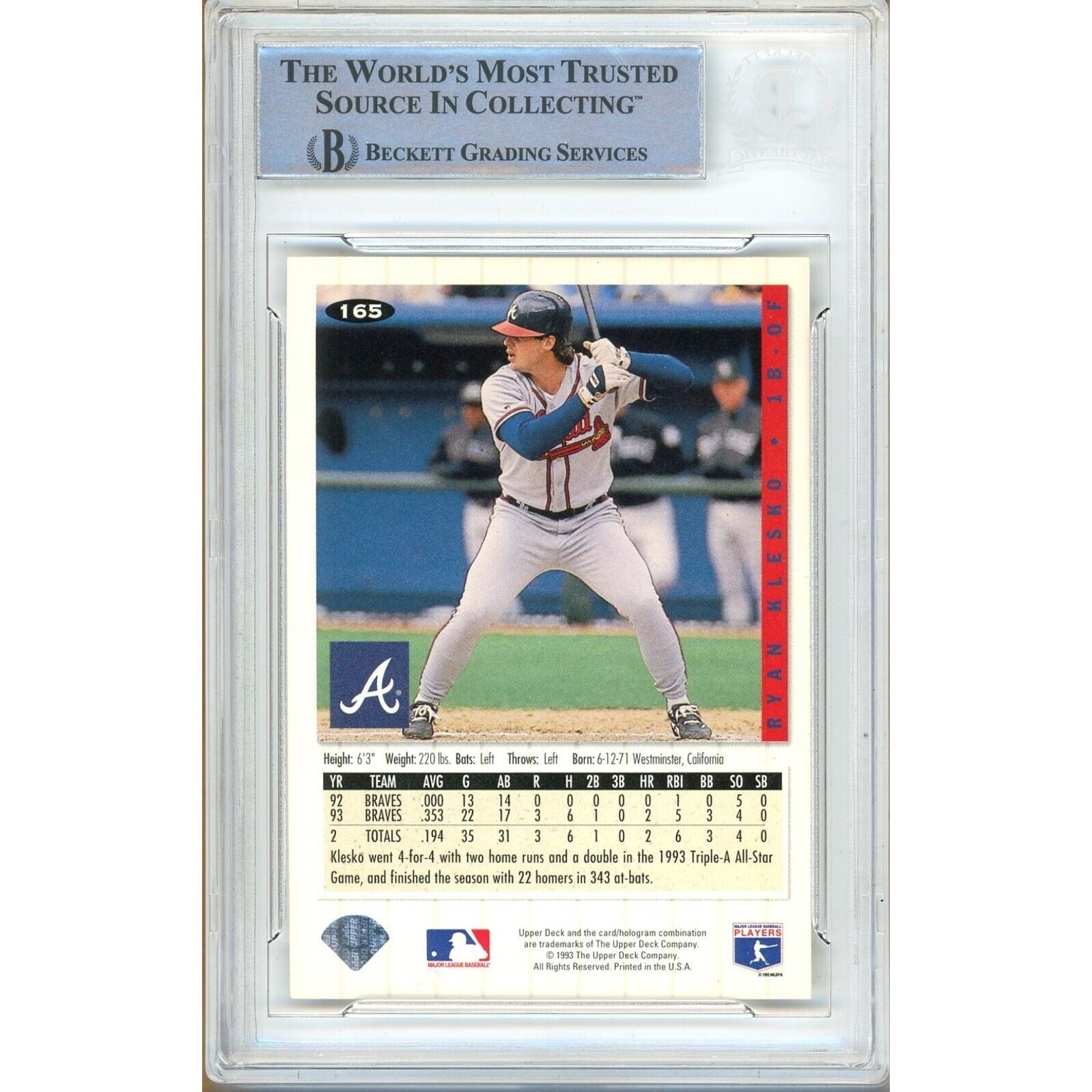 Ryan Klesko Atlanta Braves signed trading card – signature close-up – Beckett COA