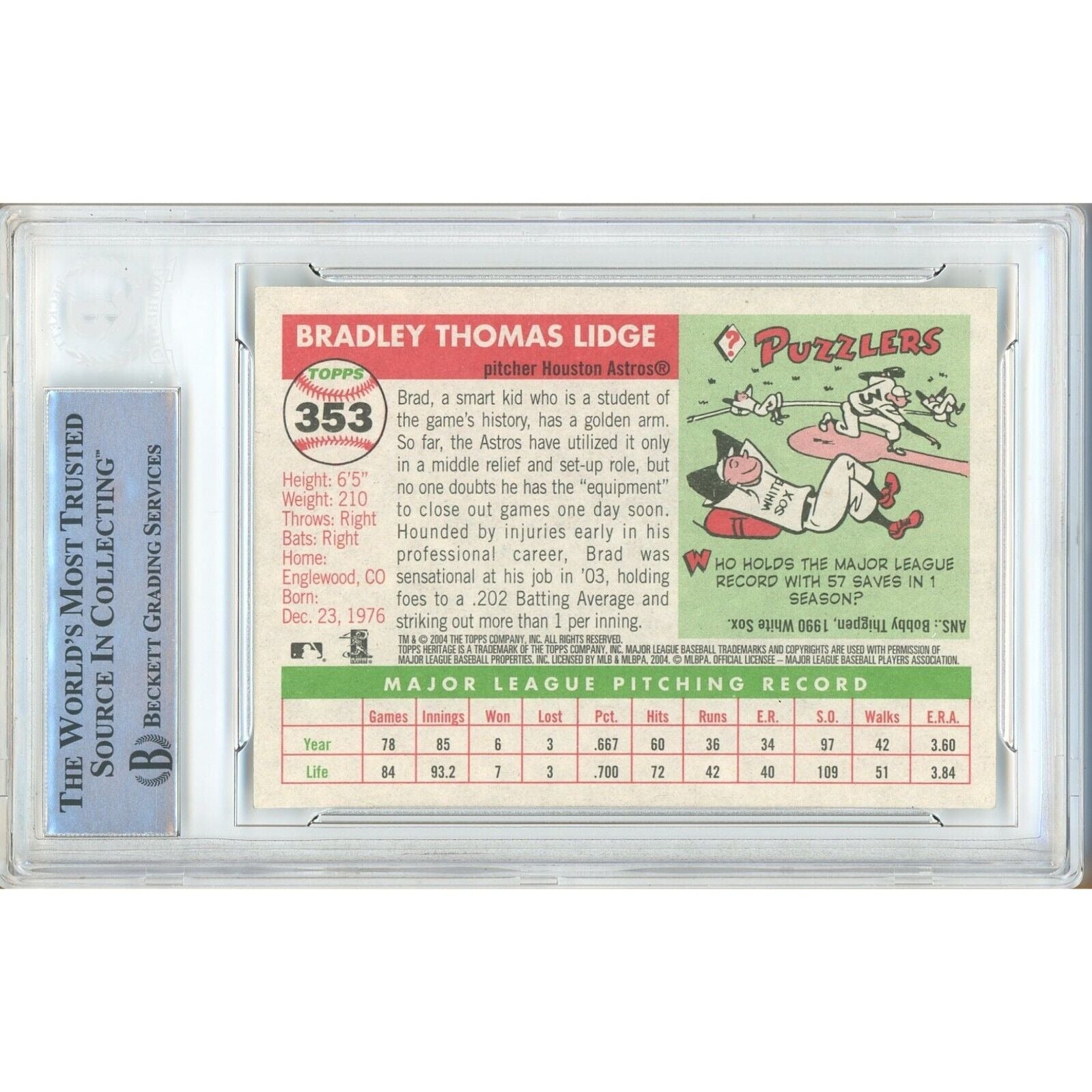 Brad Lidge Houston Astros Autographed Autograph Trading Card Beckett BAS