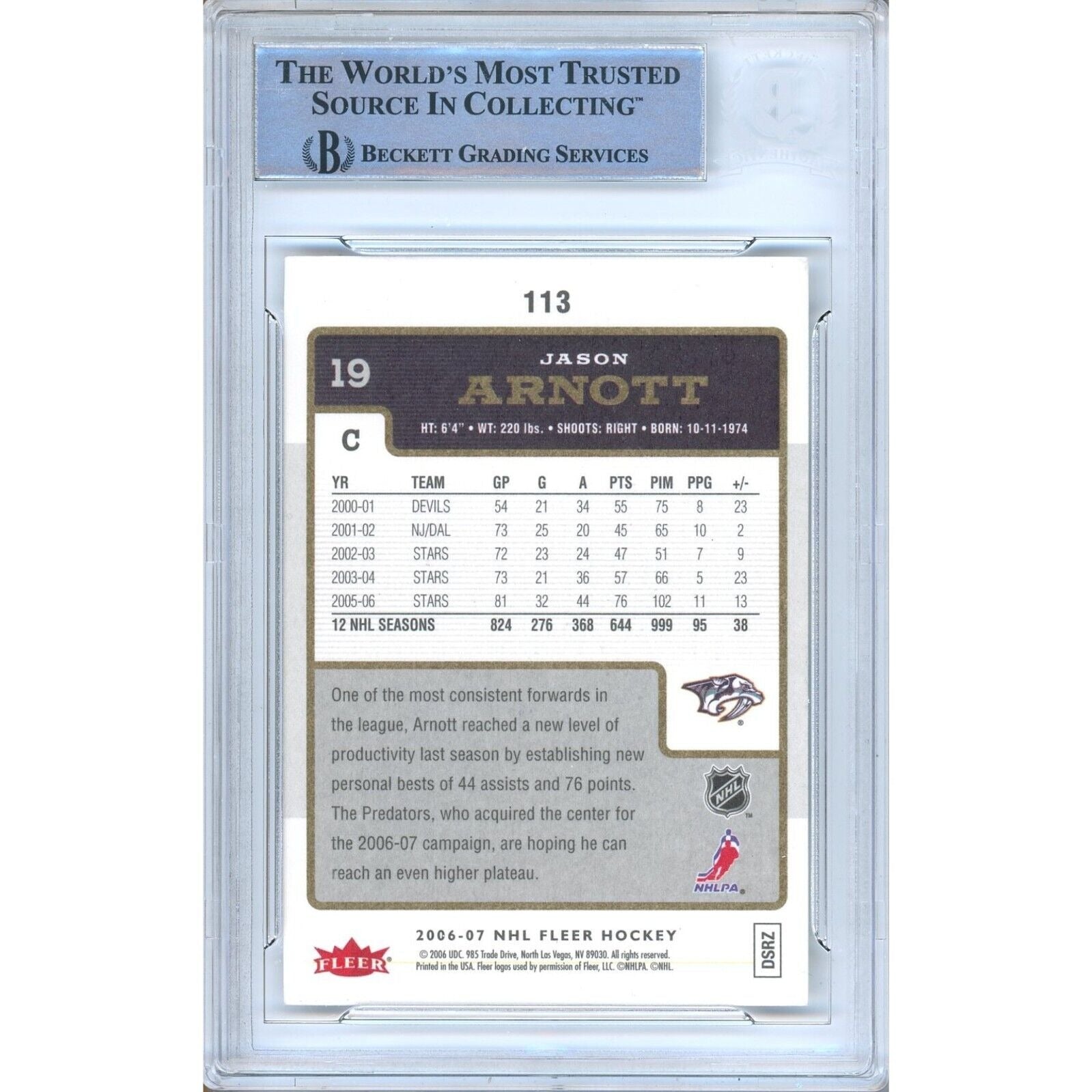 Jason Arnott Nashville Predators signed trading card – signature close-up – Beckett COA