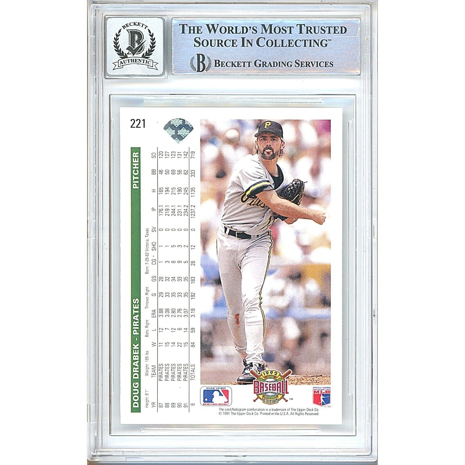 Doug Drabek Pittsburgh Pirates signed trading card – signature close-up – Beckett COA