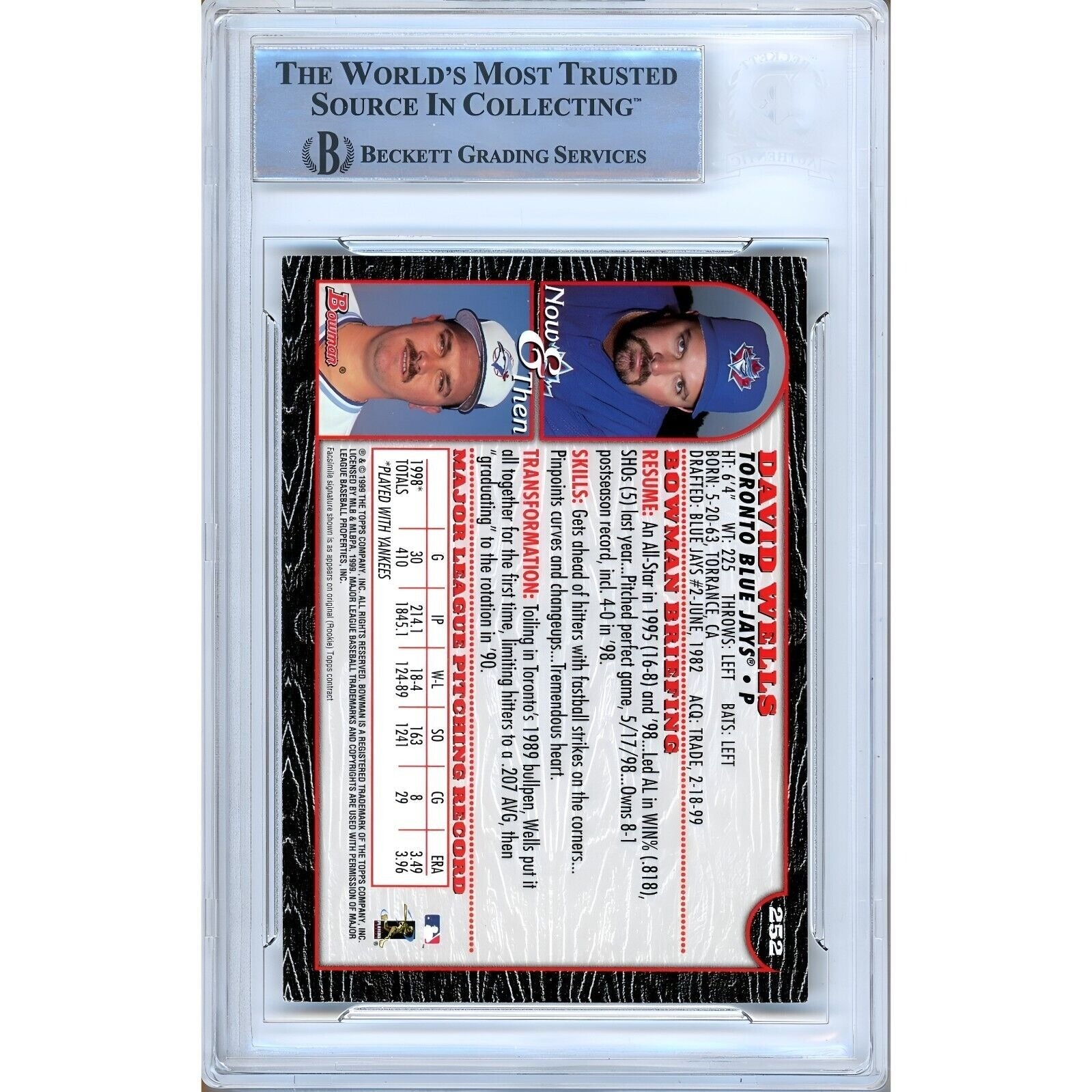 1999 Bowman #252 David Wells Toronto Blue Jays Autograph Trading Card – Beckett BAS