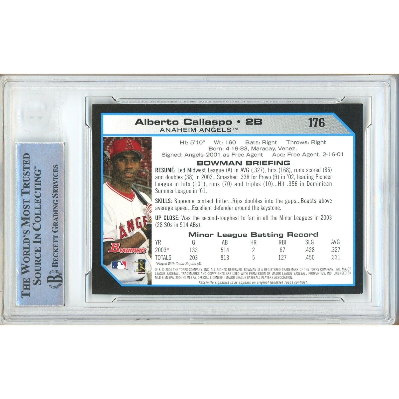 2004 Bowman Alberto Callaspo Los Angeles Angels Signed Trading Card – Beckett BAS