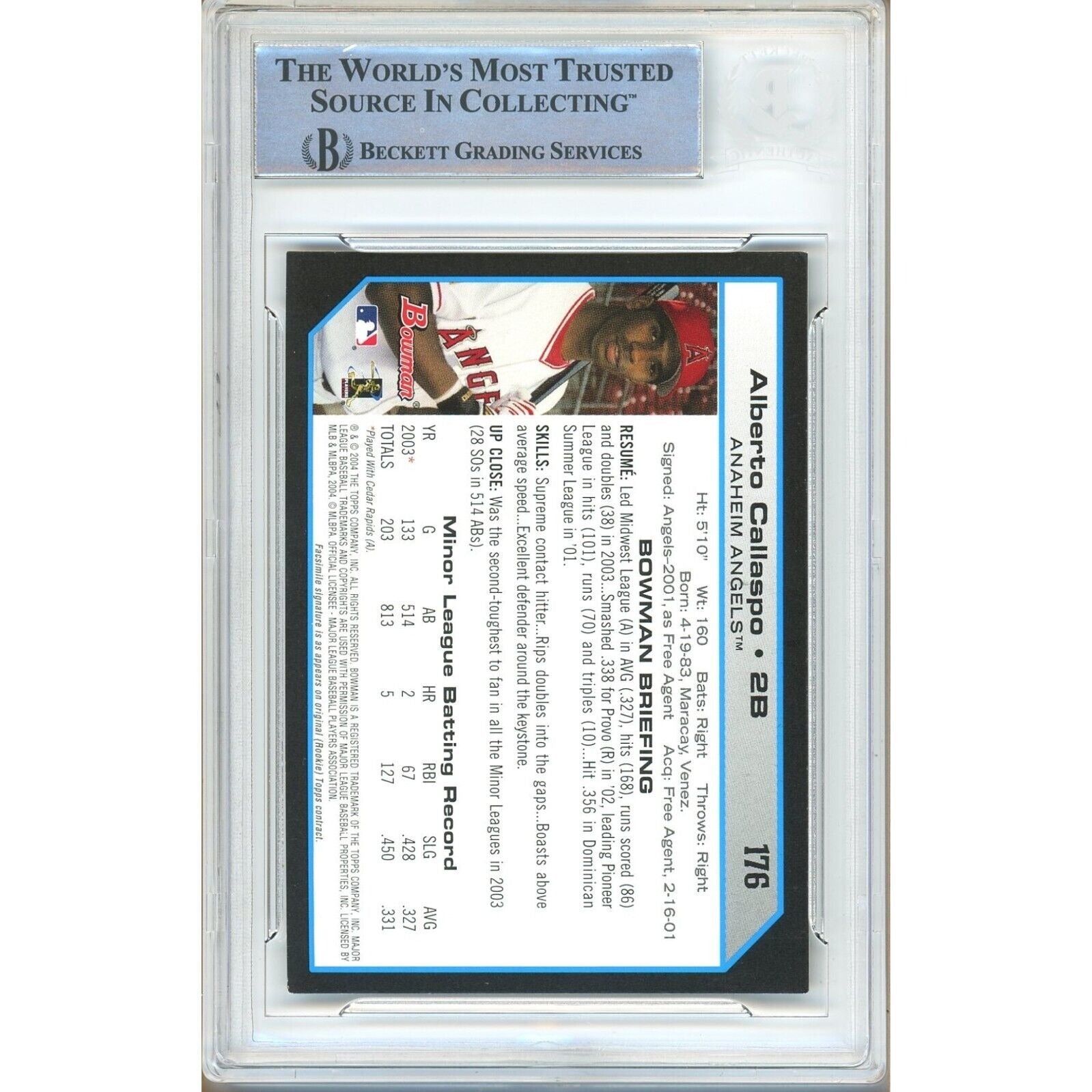 2004 Bowman Alberto Callaspo Los Angeles Angels Autograph Trading Card – Beckett BAS