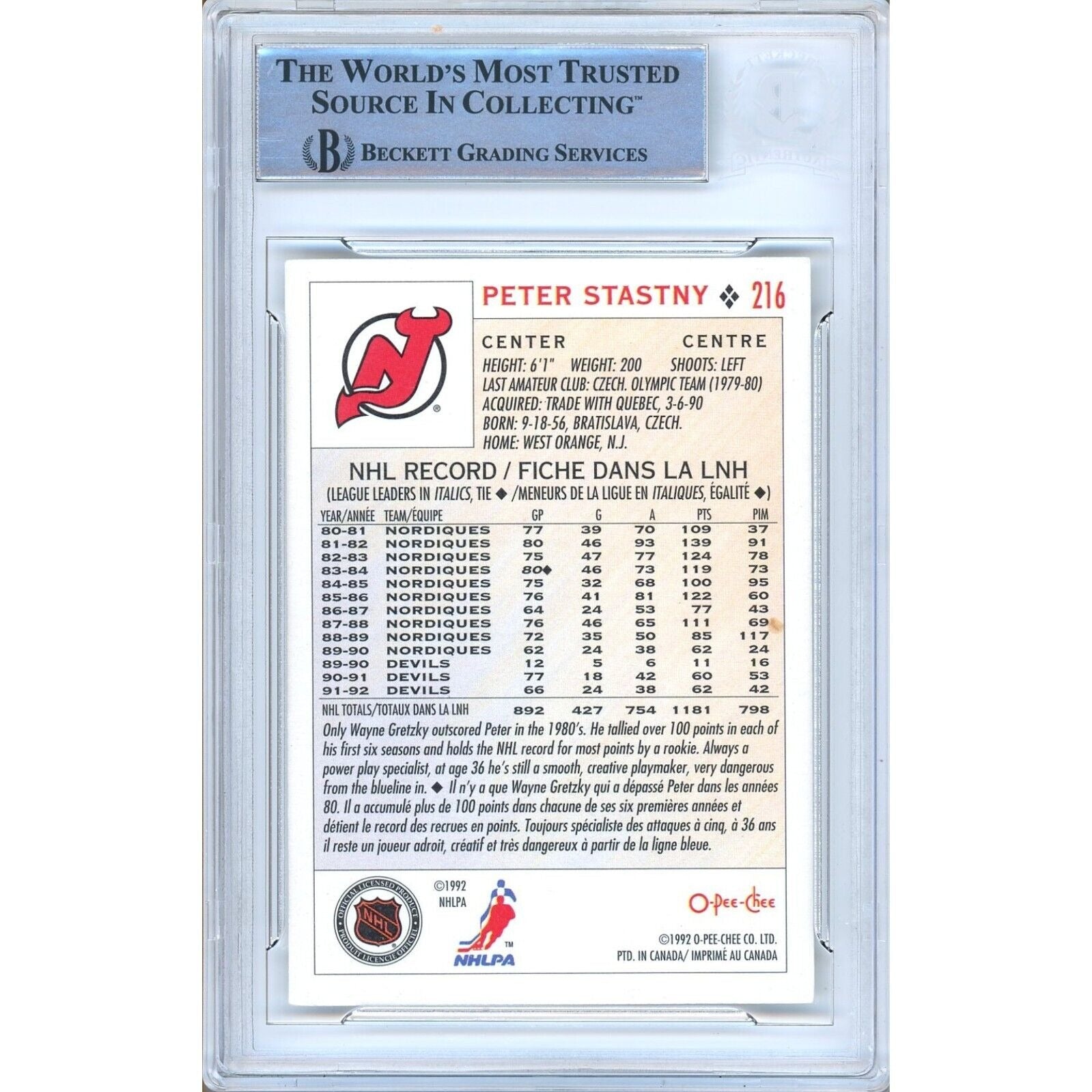 Peter Stastny New Jersey Devils signed trading card – signature close-up – Beckett COA
