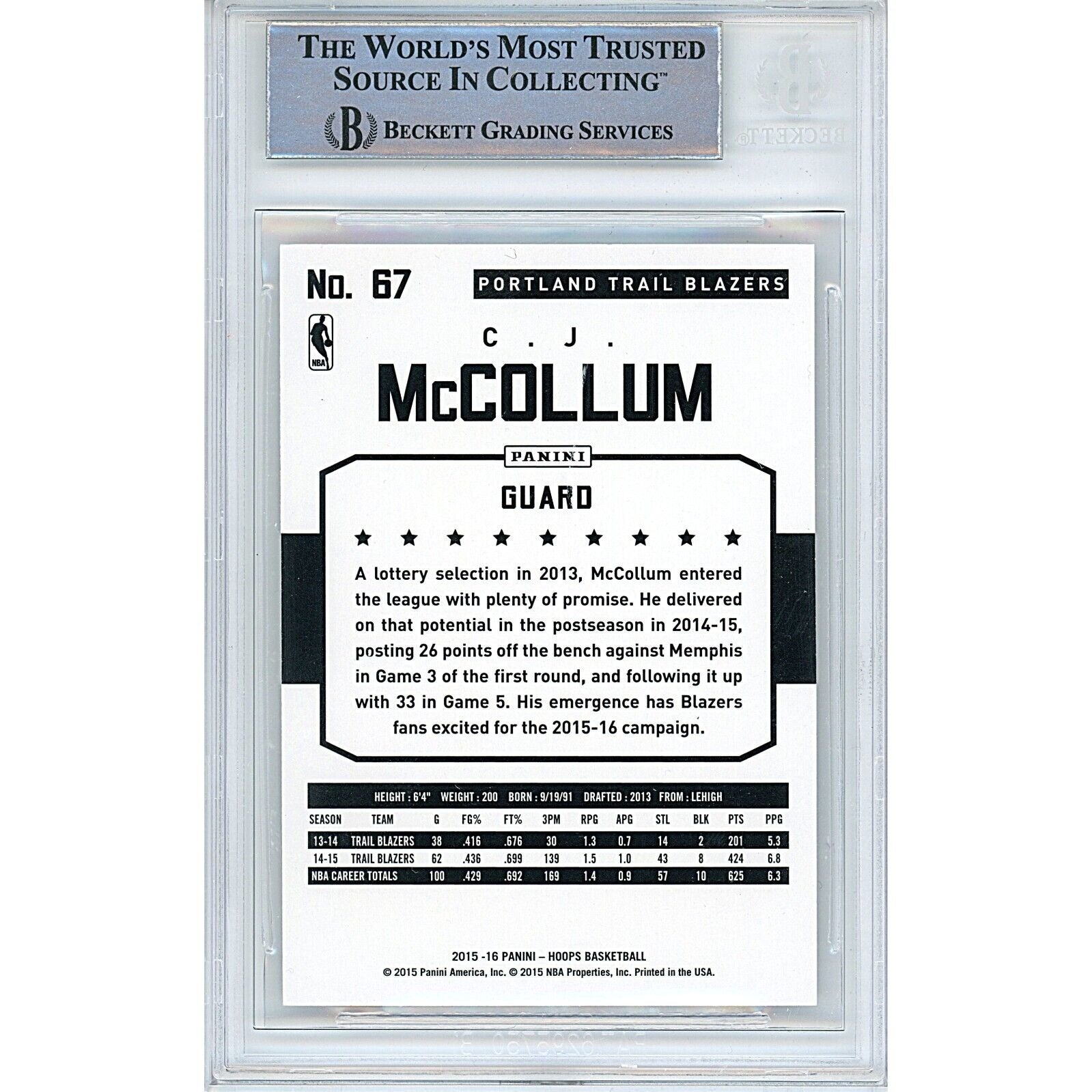2015 CJ Mccollum Portland Trail Blazers Signed Trading Card – Beckett BAS