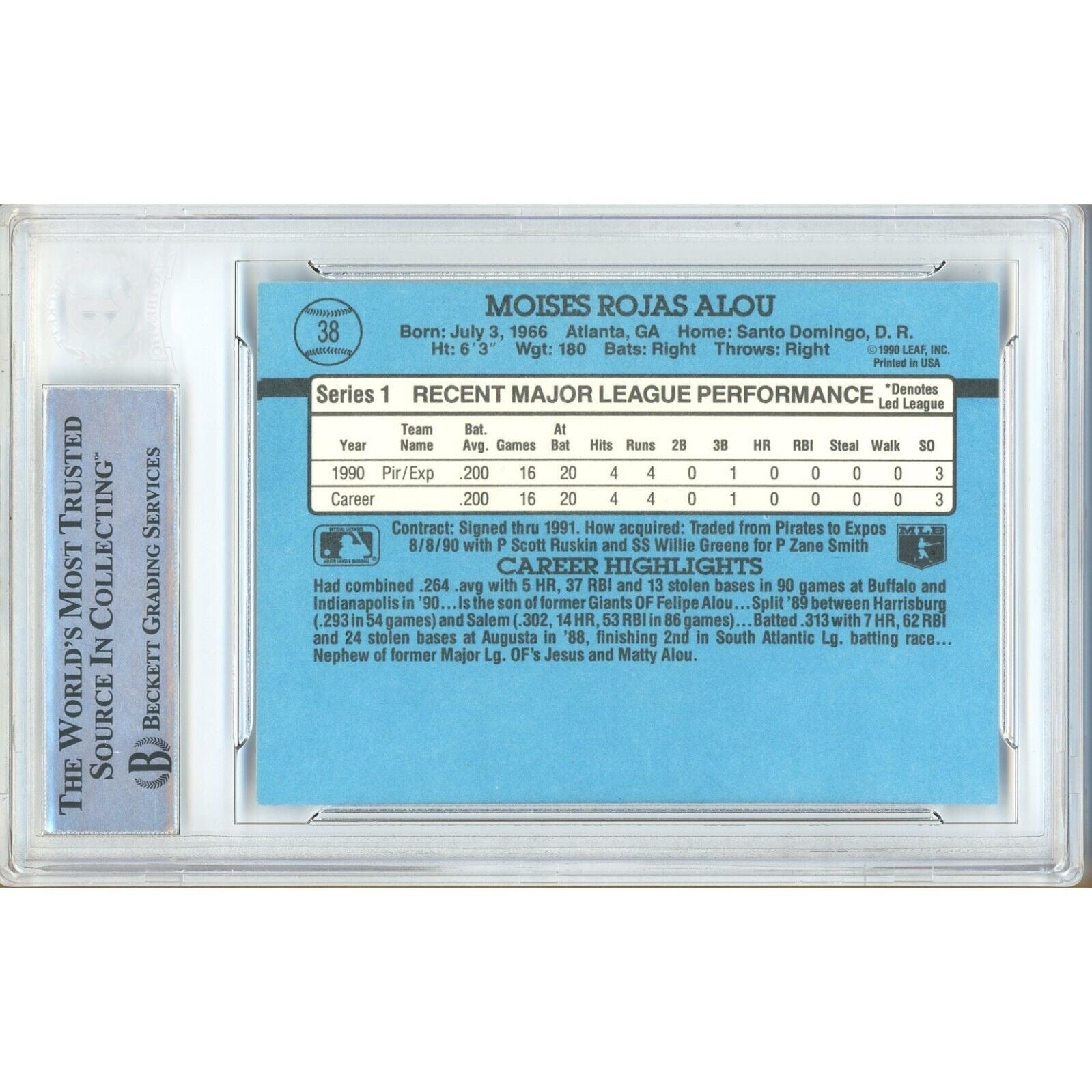 Moises Alou Montreal Expos signed trading card – signature close-up – Beckett COA