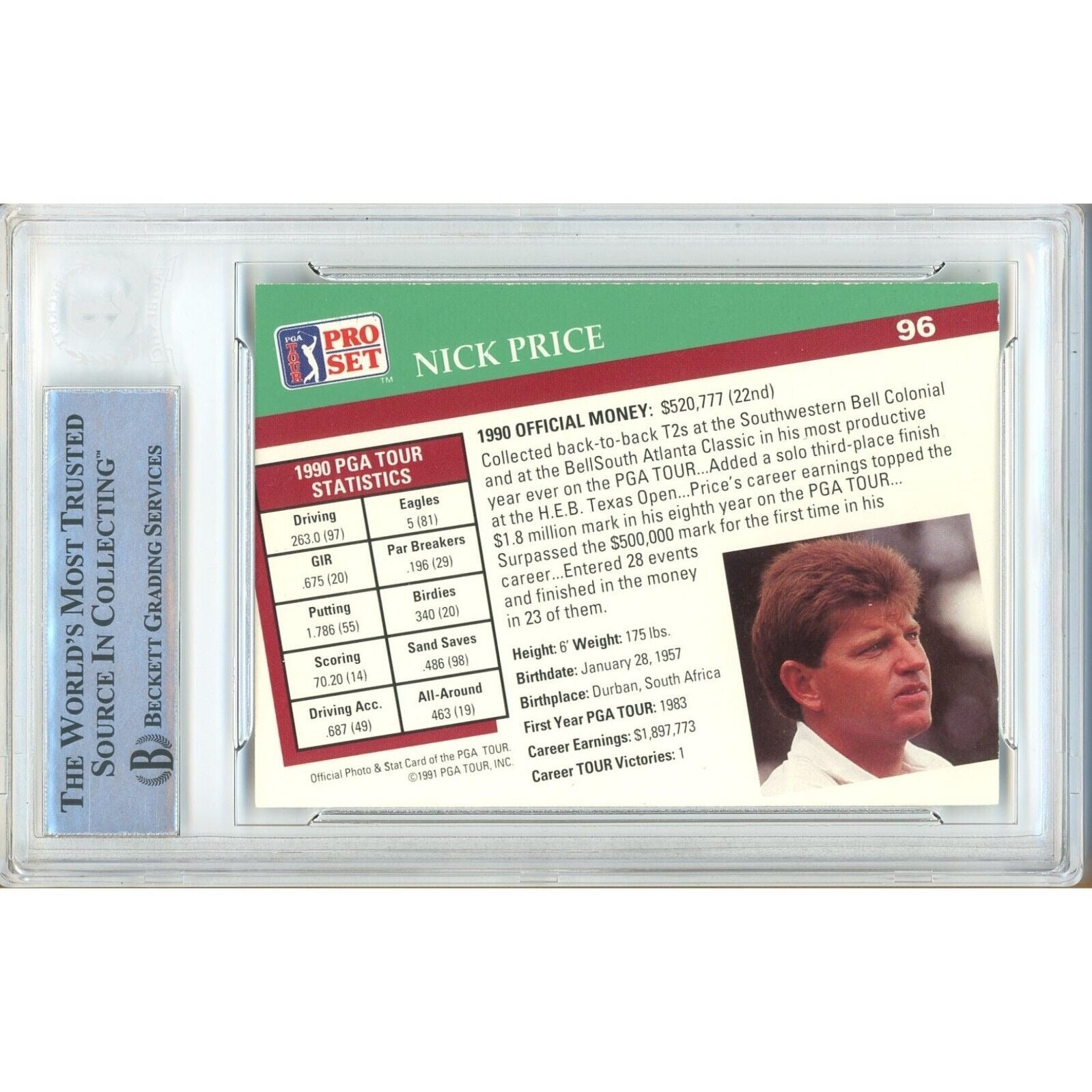 Nick Price signed trading card – signature close-up – Beckett COA