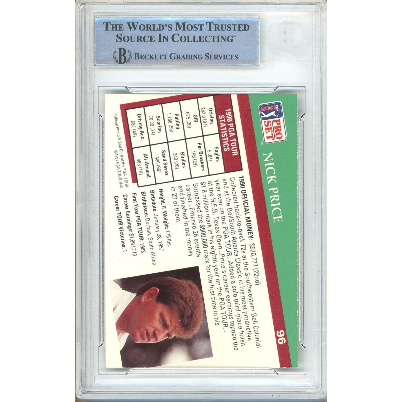 Nick Price auto trading card – authentication sticker – Beckett COA