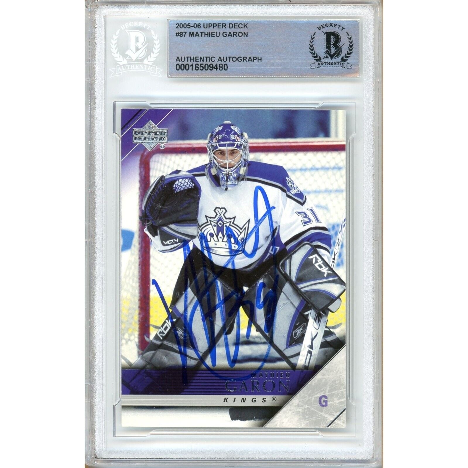 Mathieu Garon Los Angeles Kings autographed trading card – full view – Beckett COA