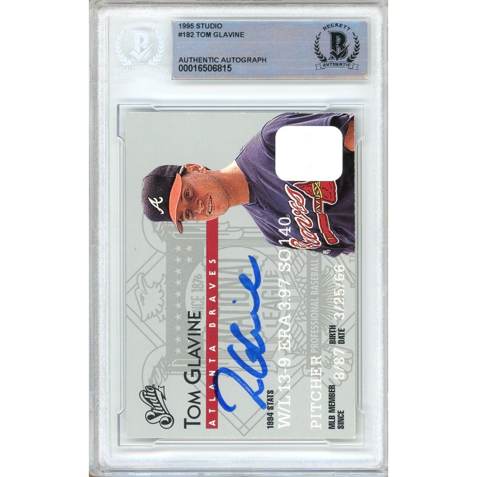 Tom Glavine Atlanta Braves signed trading card – signature close-up – Beckett COA