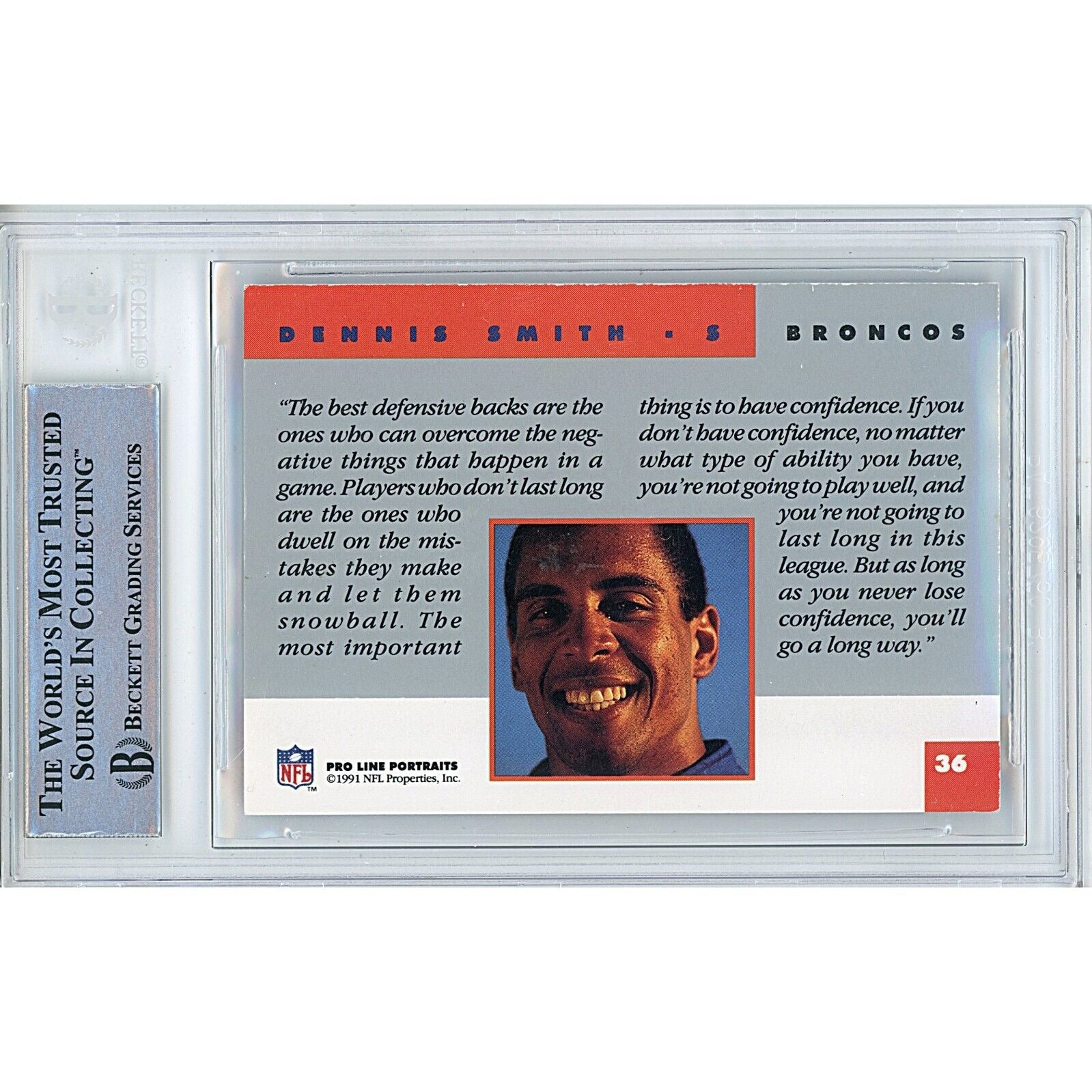 Dennis Smith Denver Broncos signed trading card – signature close-up – Beckett COA