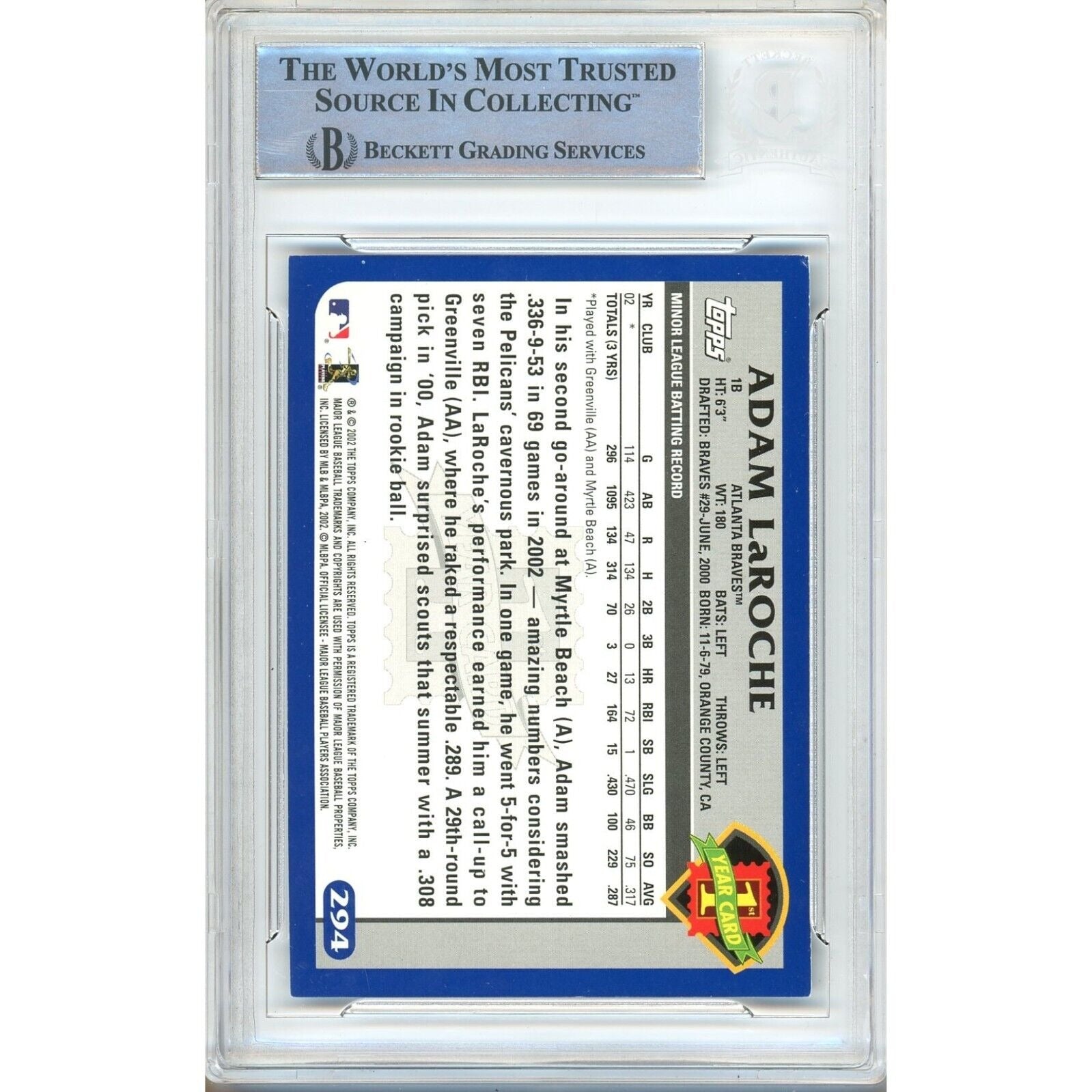 2003 Topps #294 Adam Laroche Atlanta Braves Autograph Trading Card – Beckett BAS
