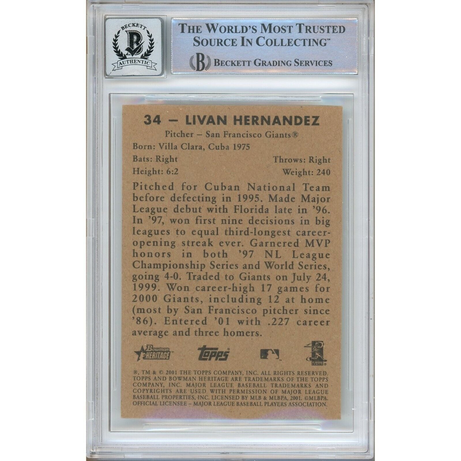 Livan Hernandez Bowman Heritage Signed Trading Card Beckett BGS