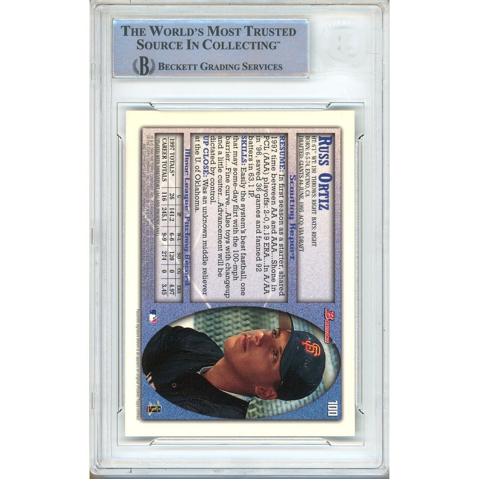 Russ Ortiz San Francisco Giants auto trading card – authentication sticker – Beckett COA