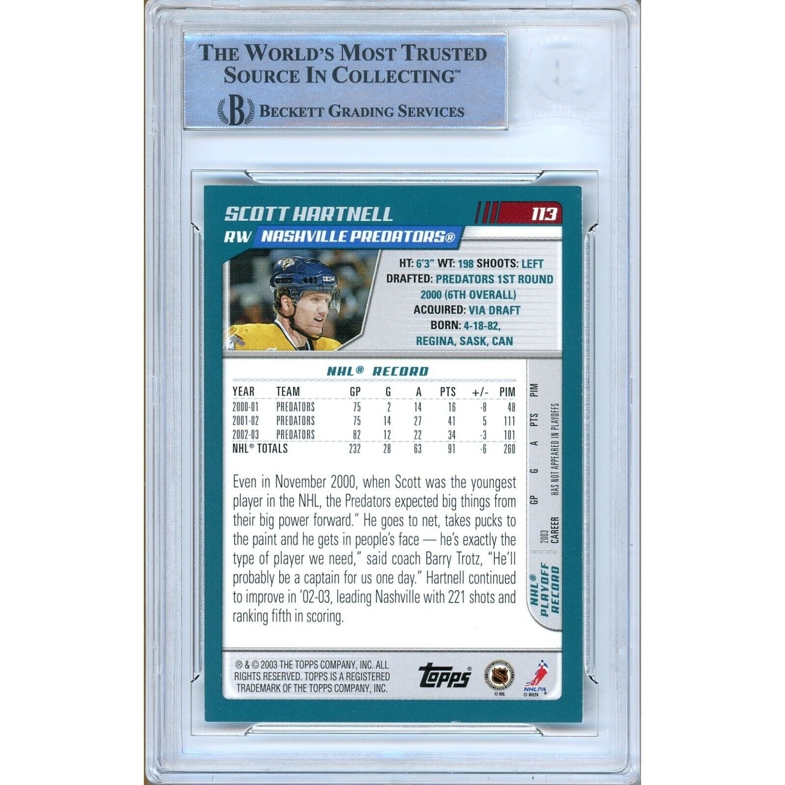 Scott Hartnell Nashville Predators signed trading card – signature close-up – Beckett COA