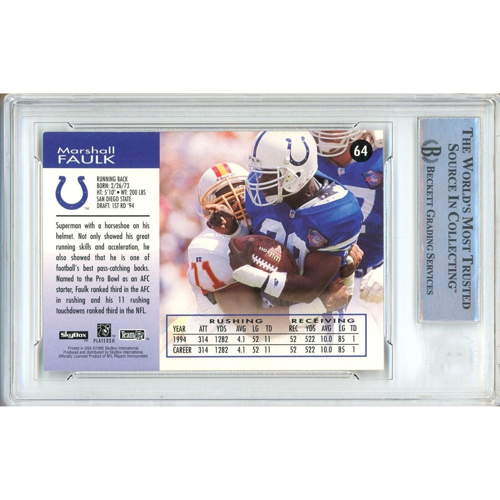 Marshall Faulk Indianapolis Colts signed trading card – signature close-up – Beckett COA
