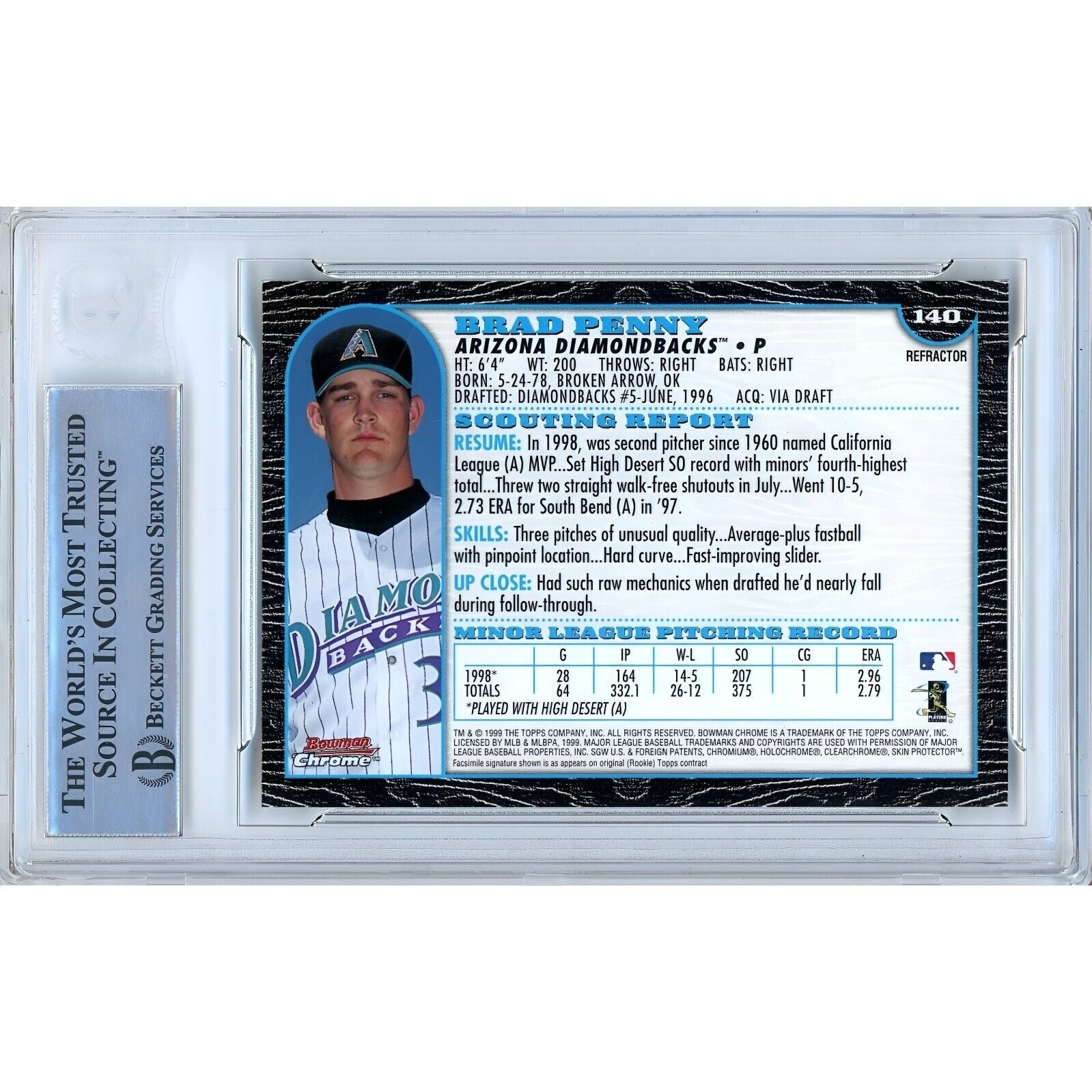 1999 Bowman Brad Penny AZ Diamondbacks Signed Trading Card – Beckett BAS