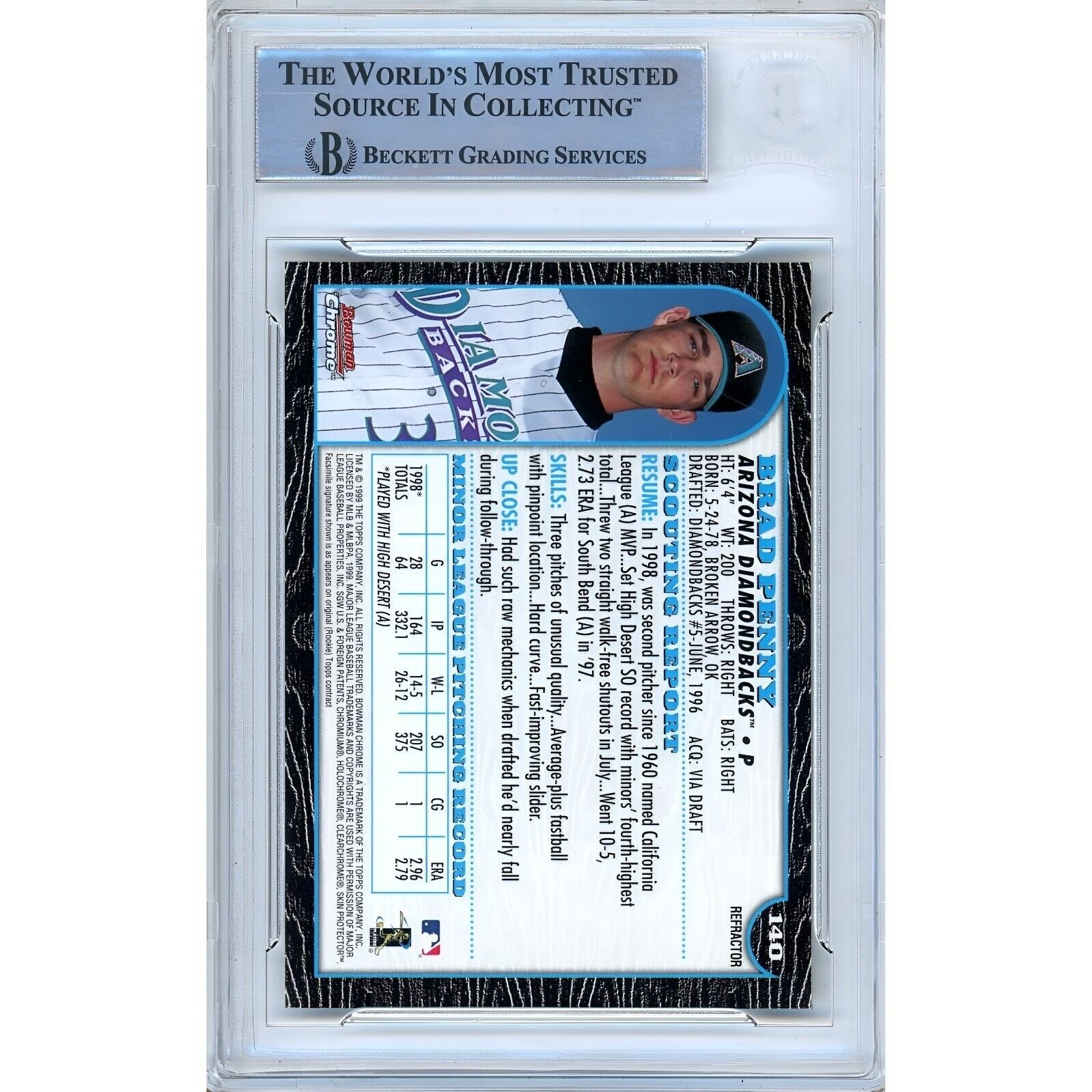 1999 Bowman Brad Penny AZ Diamondbacks Autograph Trading Card – Beckett BAS