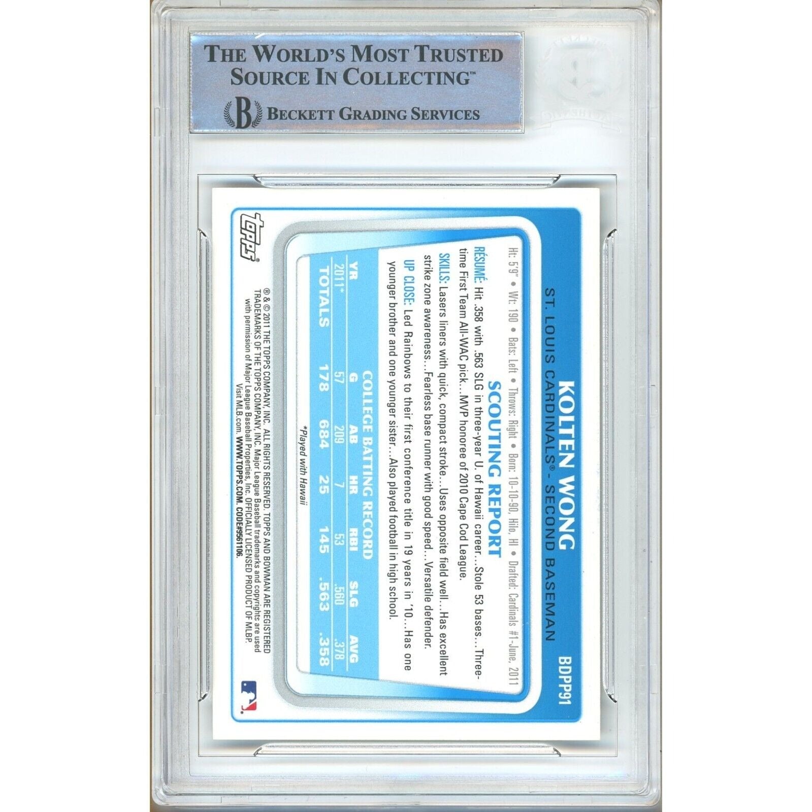 2011 Bowman #BDPP91B Kolten Wong St Louis Cardinals Autograph Trading Card – Beckett BAS.