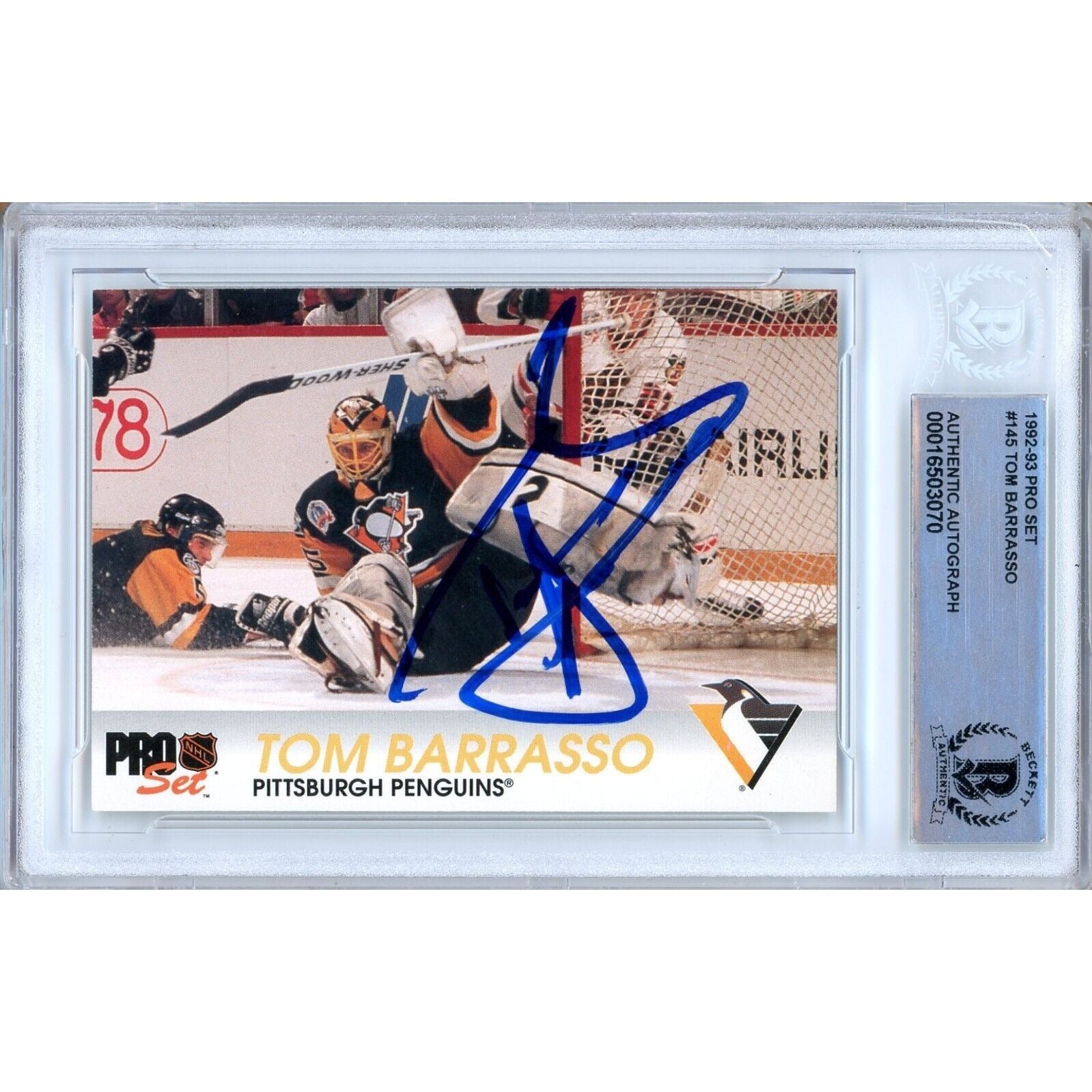 Tom Barrasso Pittsburgh Penguins autographed trading card – full view – Beckett COA