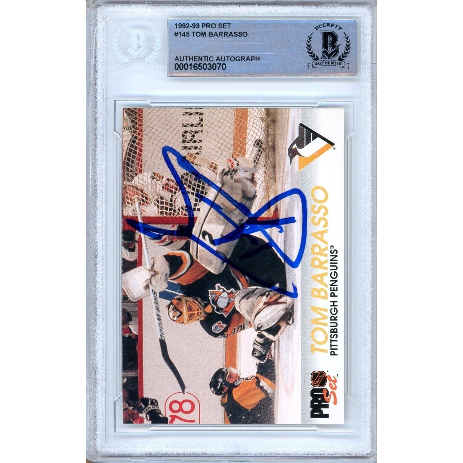 Tom Barrasso Pittsburgh Penguins signed trading card – signature close-up – Beckett COA
