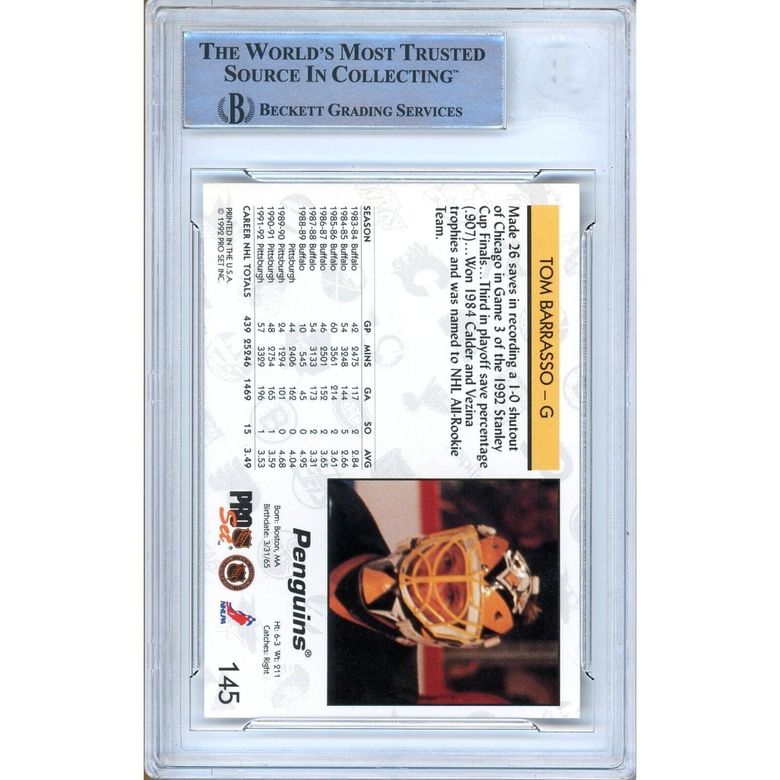Tom Barrasso Pittsburgh Penguins trading card autograph – angled display – Beckett COA