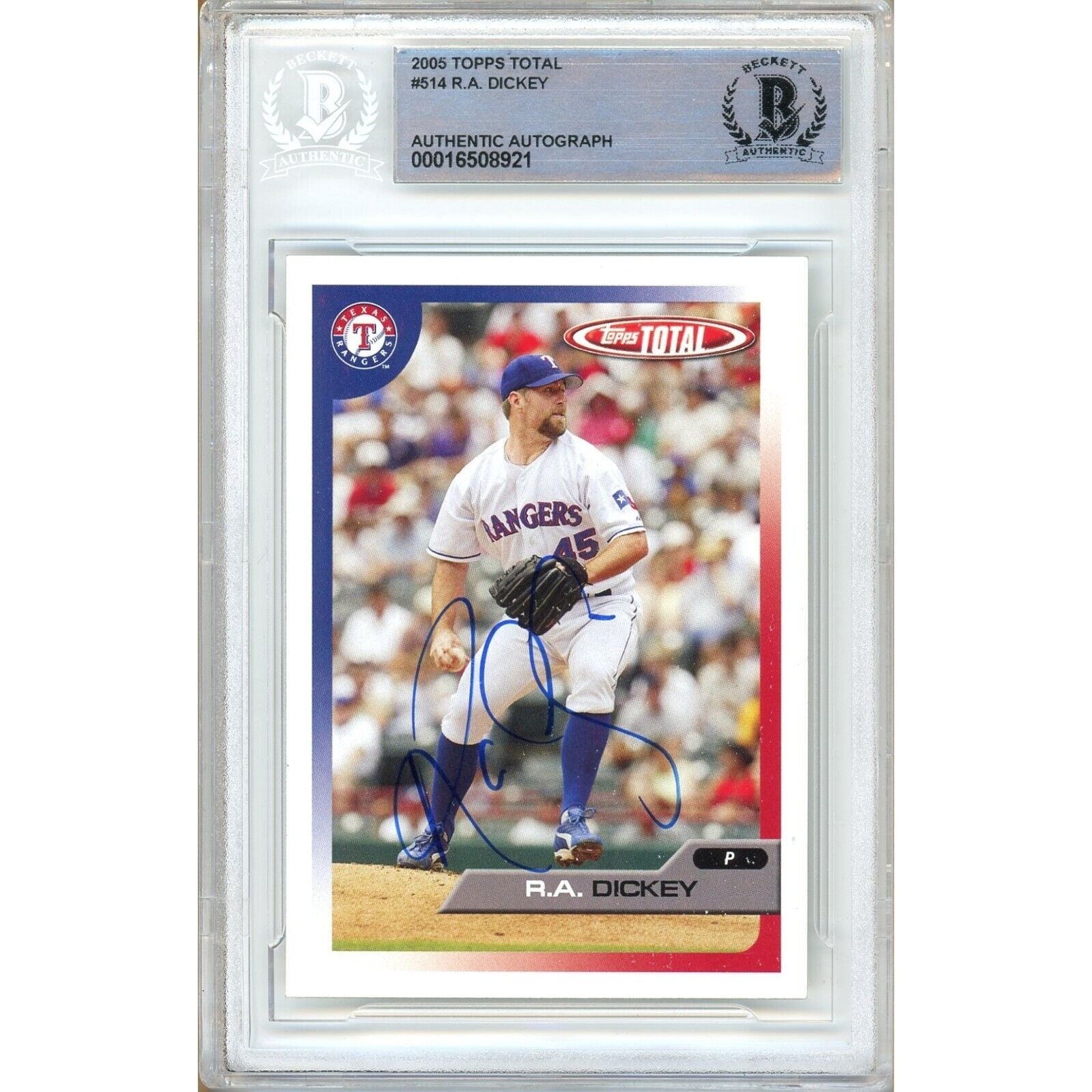 R.A. Dickey Texas Rangers autographed trading card – full view – Beckett COA