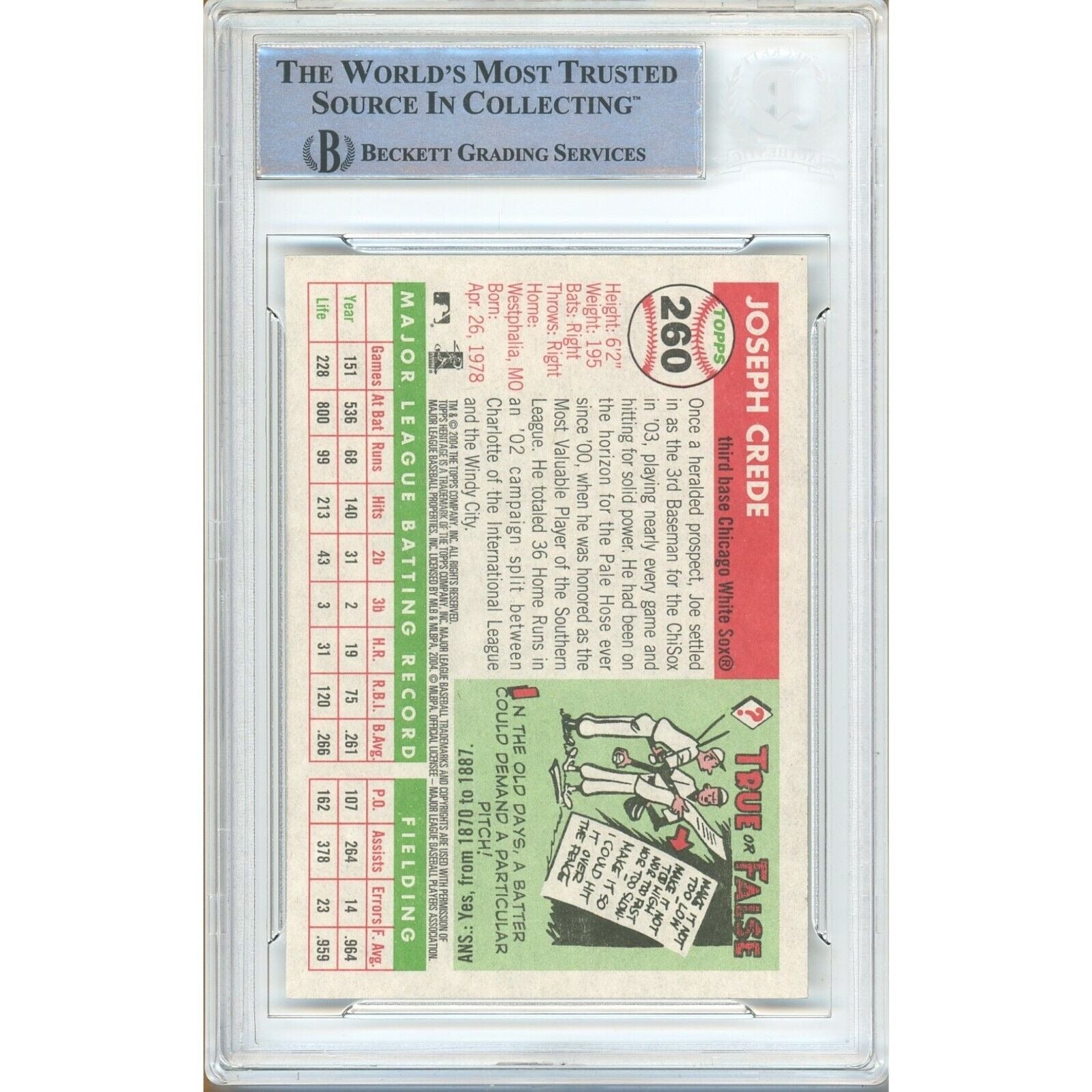 2004 Topps Joe Crede Auto Trading Card – Beckett BAS