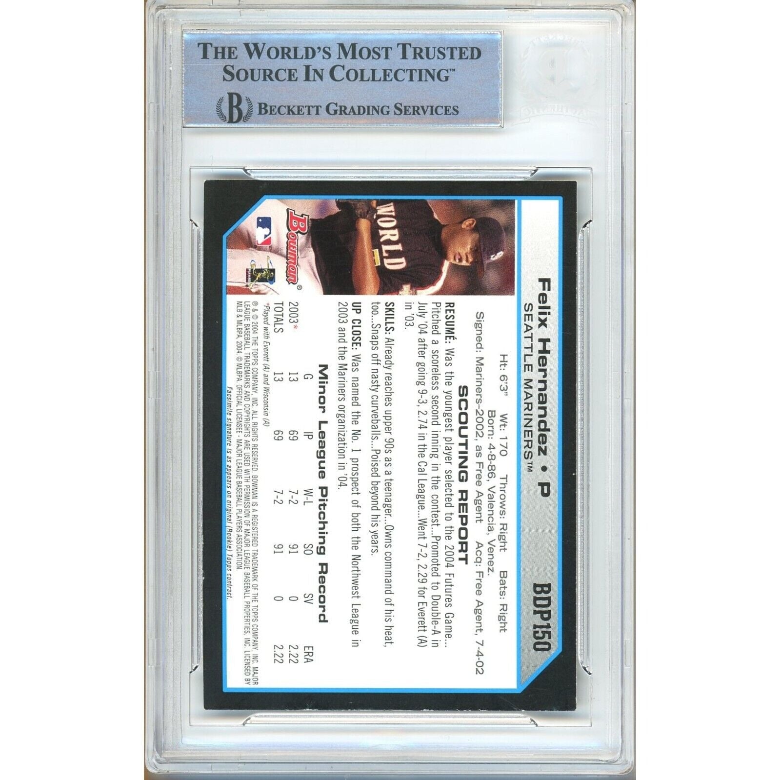 Felix Hernandez Seattle Mariners auto trading card – authentication sticker – Beckett COA